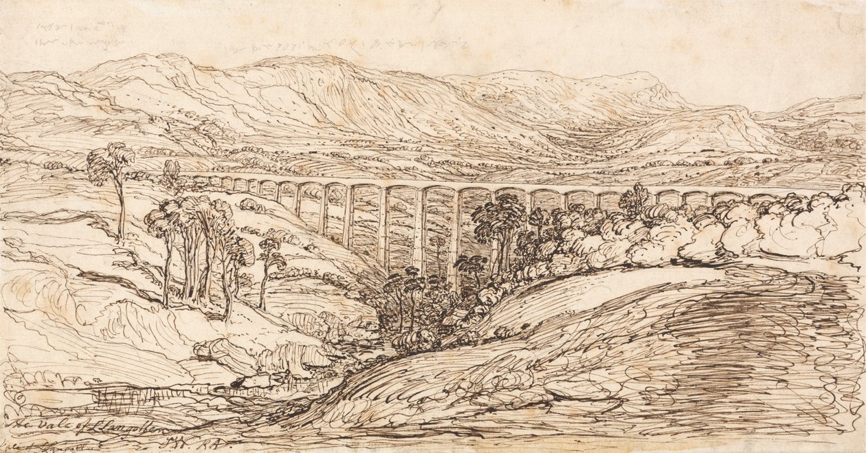 Dolina Llangollen (pióro i brązowy atrament na papierze) autorstwa James Ward