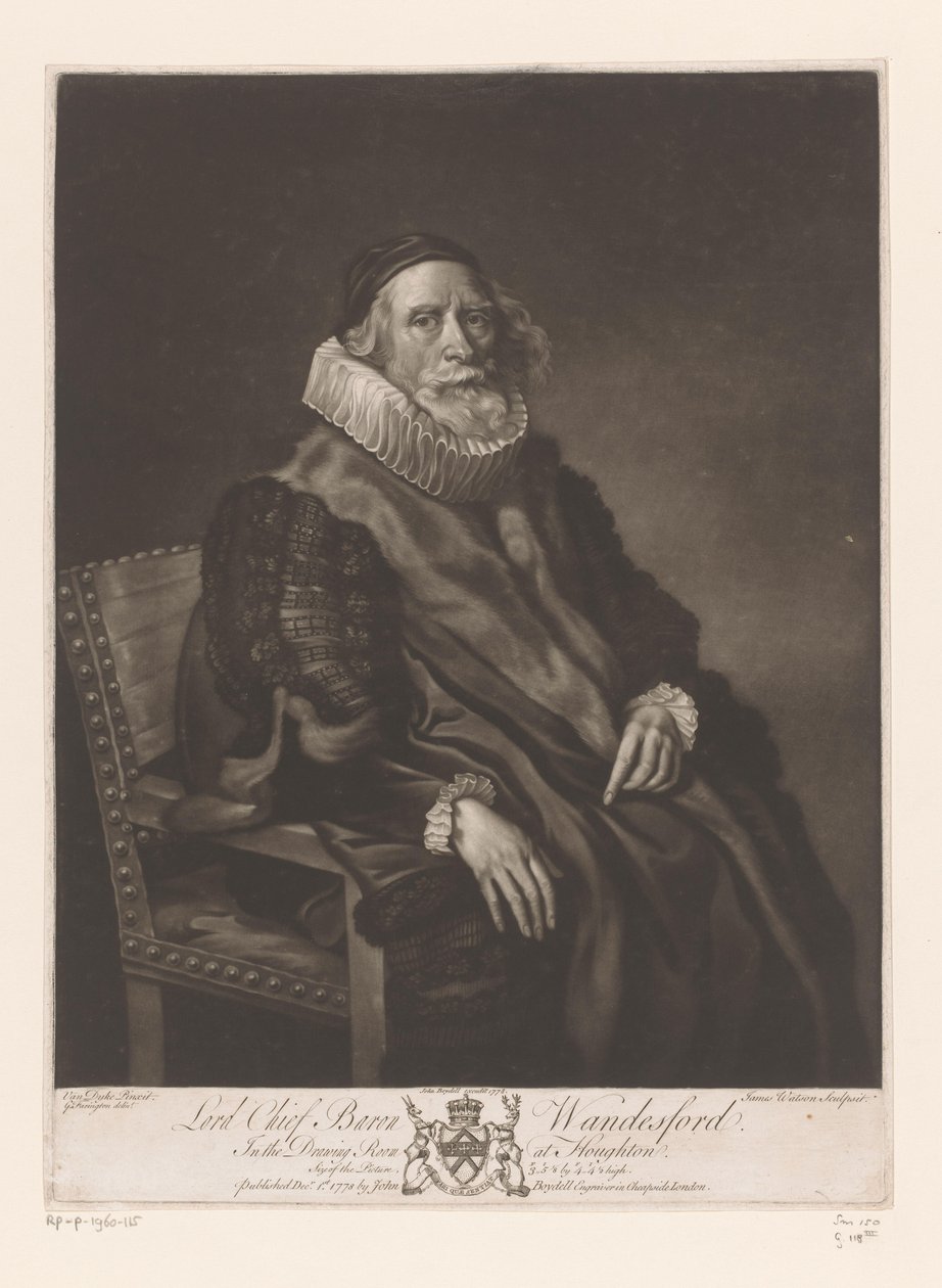 Portret van Rowlanda Wandesforda Lord Chief Baron Wandesford (tytuł na obiekcie) Schilderijen uit The Houghton Gallery (tytuł serii) Galeria Houghton (tytuł serii) autorstwa James Watson (prentmaker)