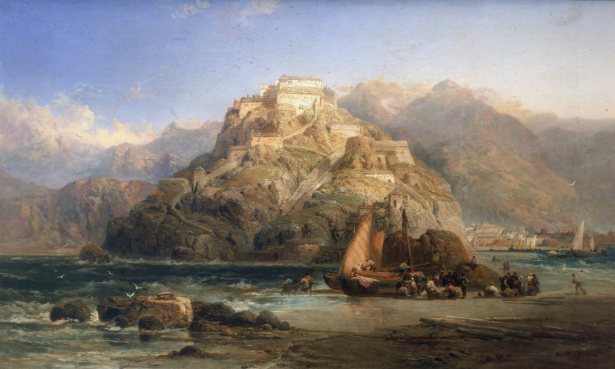 Widok na San Sebastian (Hiszpania), w centrum góra Urgull i budynki zamku Santa Cruz de la Mota. Olej na płótnie autorstwa Jamesa Webba (działającego w latach 1853-1888). autorstwa James Webb