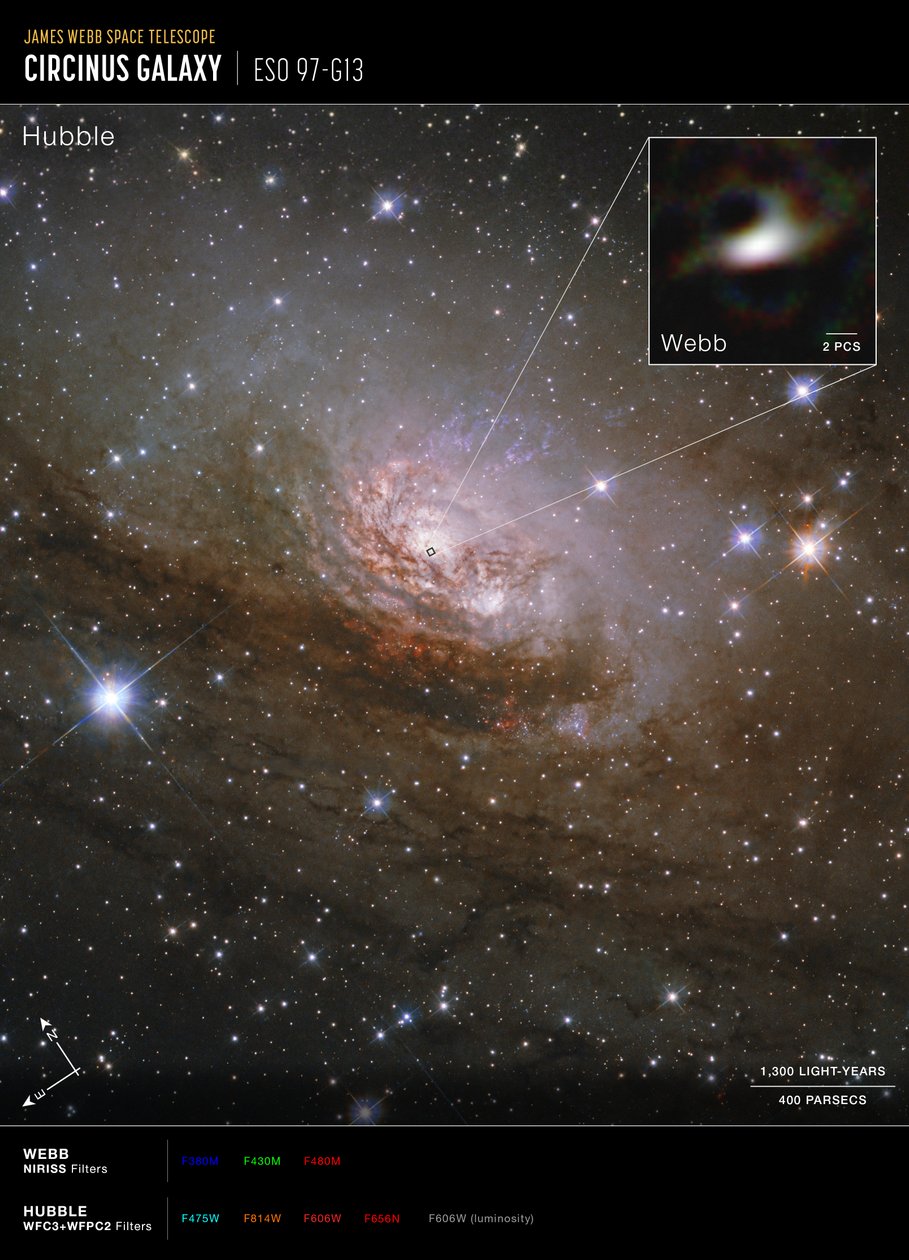 Galaktyka Circinus (zdjęcie z teleskopów Hubble’a i Webba)   autorstwa James Webb Space Telescope (NASA)