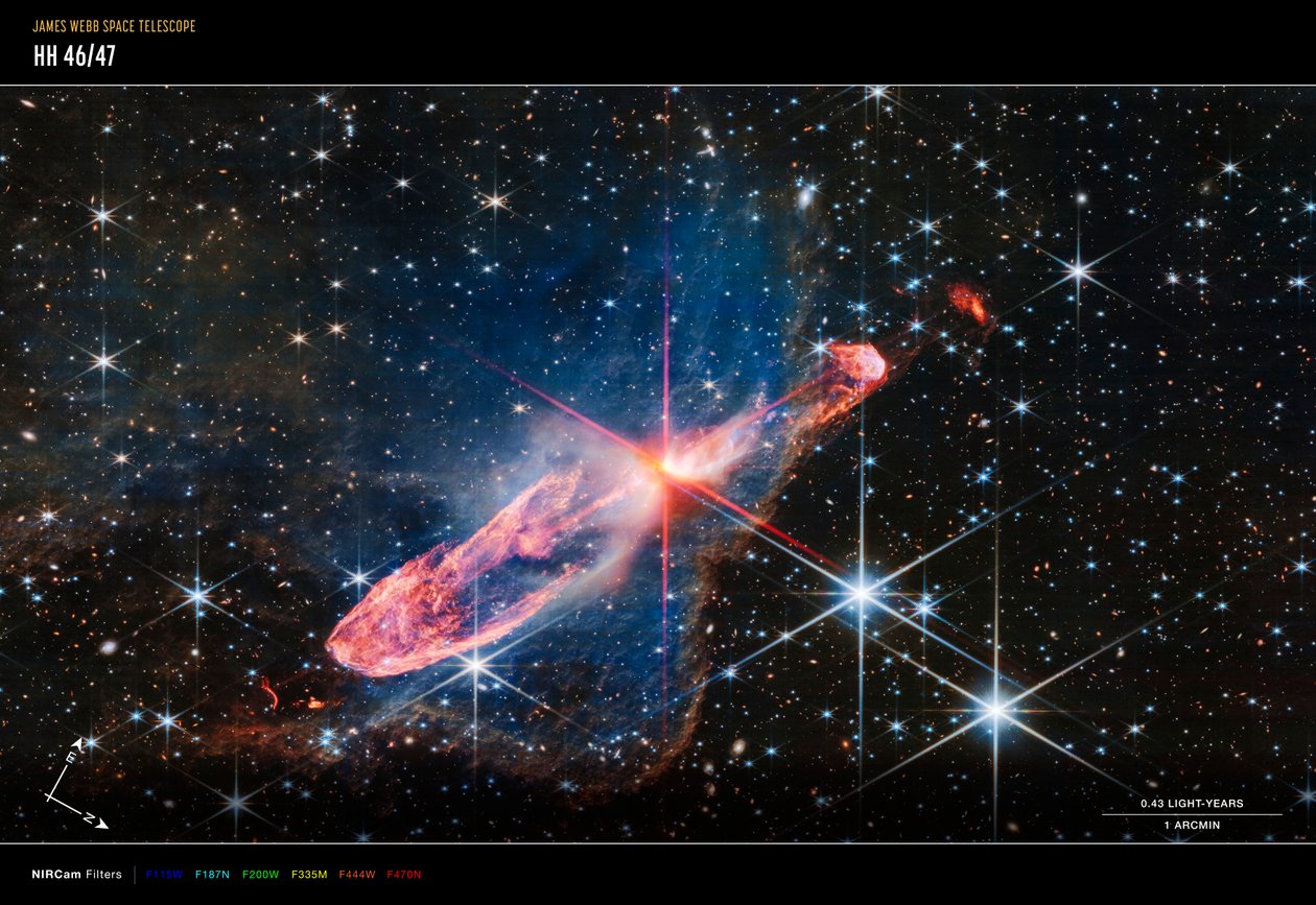 Herbig-Haro 46/47 (obraz z kompasu NIRCam) autorstwa James Webb Space Telescope (NASA)