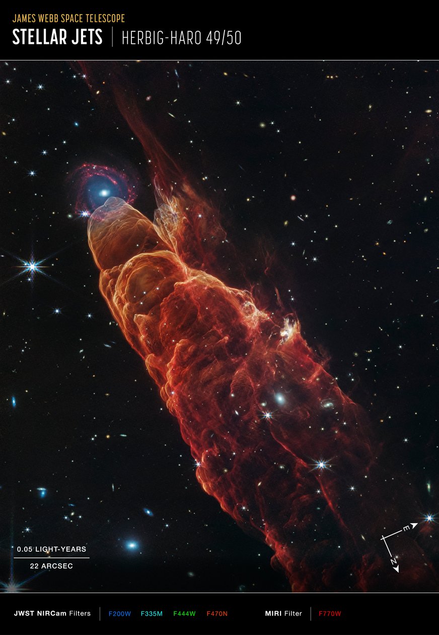 Herbig-Haro 49/50 (zdjęcie wykonane kamerami NIRCam i MIRI w trybie Compass) autorstwa James Webb Space Telescope (NASA)