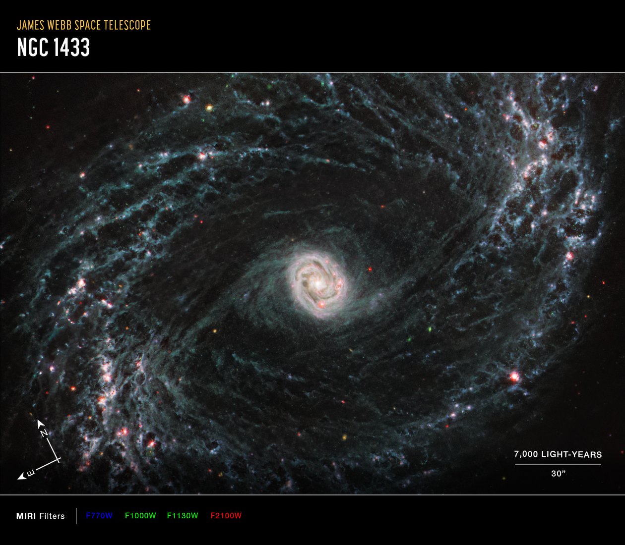 NGC 1433 (obraz kompasu MIRI) autorstwa James Webb Space Telescope (NASA)