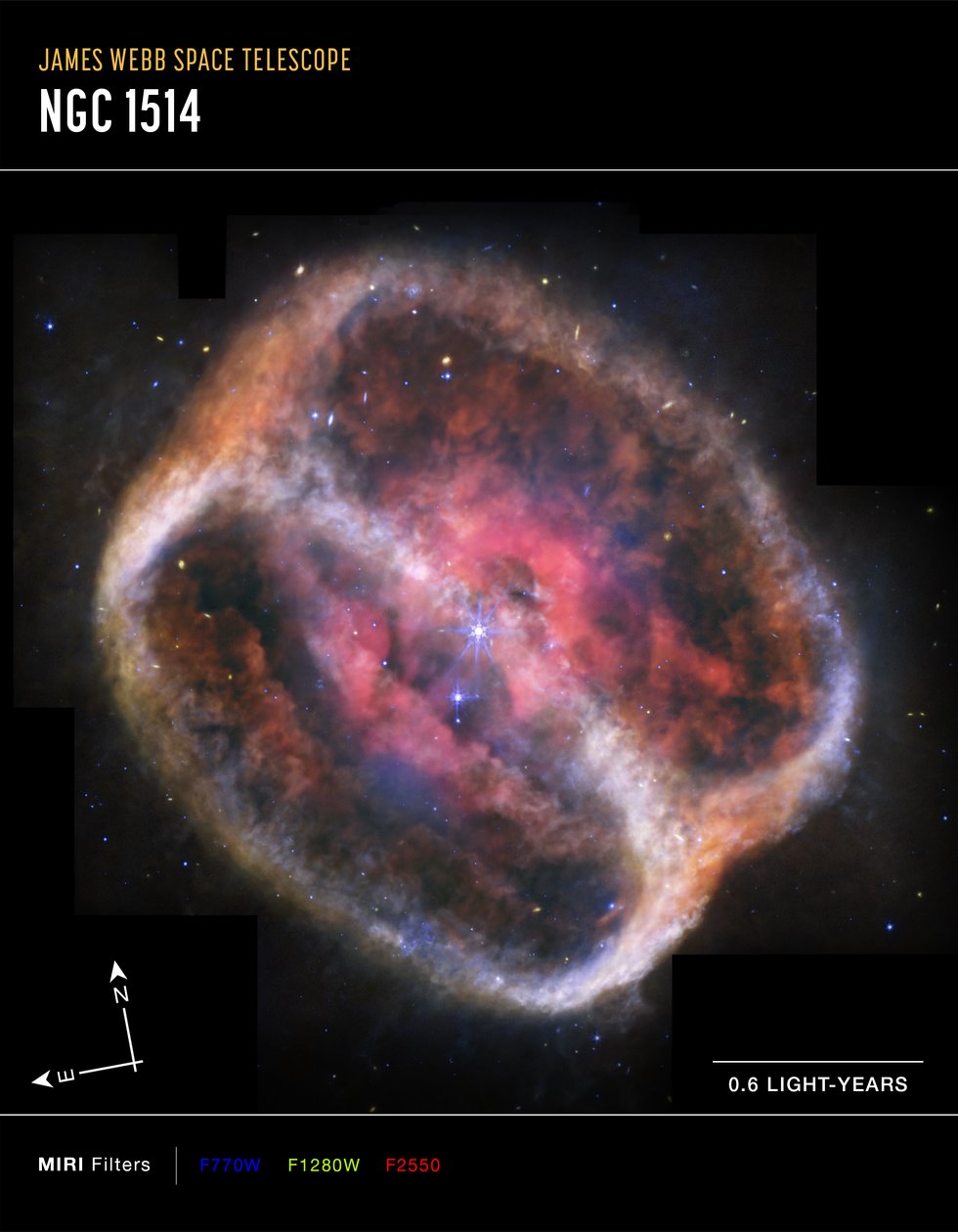 Mgławica planetarna NGC 1514 (zdjęcie wykonane przez instrument MIRI w trybie Compass) autorstwa James Webb Space Telescope (NASA)