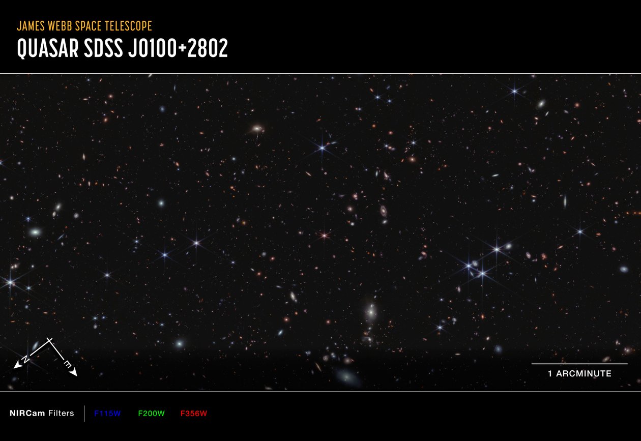 Quasar J0100+2802 (obraz z kompasu NIRCam) autorstwa James Webb Space Telescope (NASA)