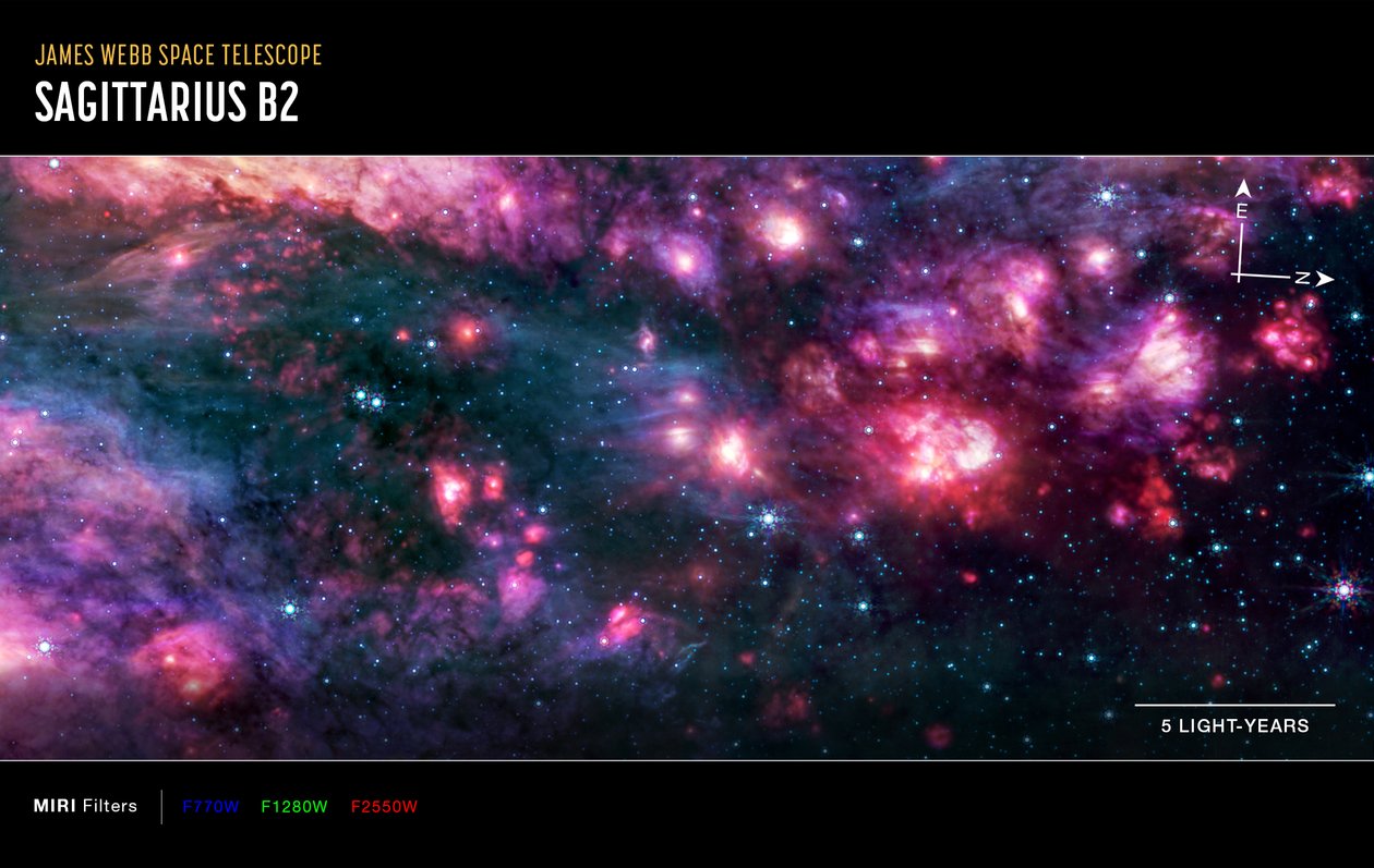 Sagittarius B2 (zdjęcie wykonane przez MIRI w trybie Compass) autorstwa James Webb Space Telescope (NASA)