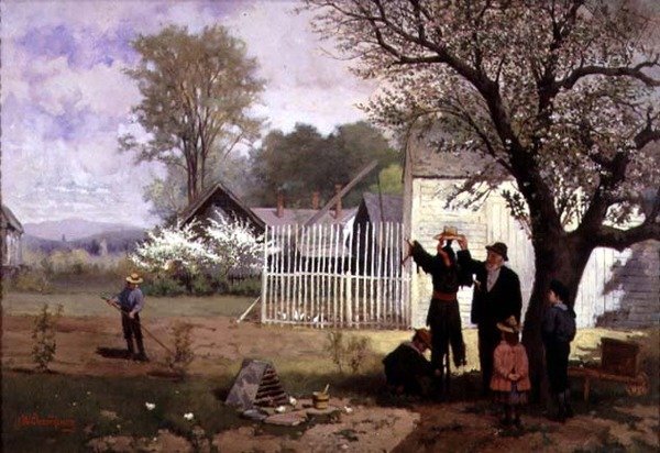Robienie stracha na wróble, ok. 1880 (olej na płótnie) autorstwa James Wells Champney