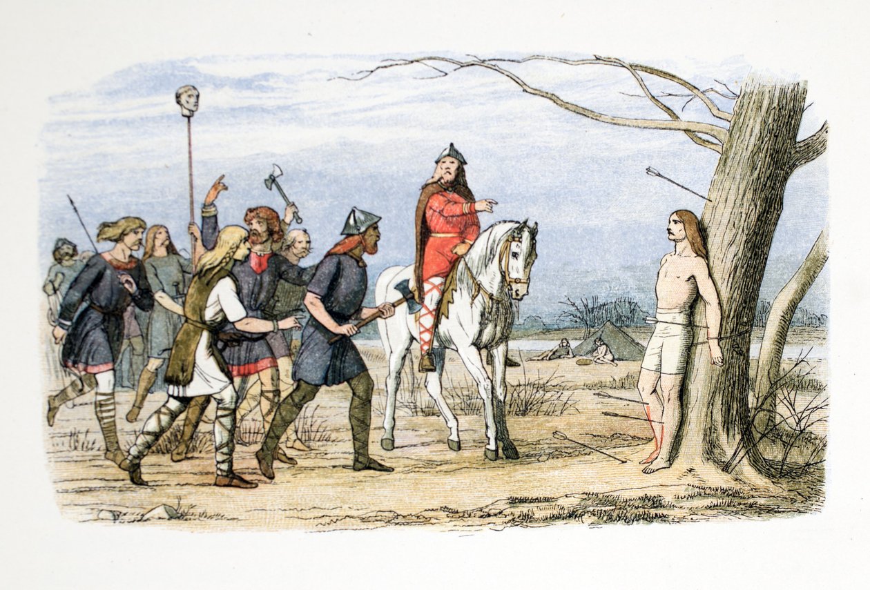 Edmund, król Anglii Wschodniej, zabity przez Duńczyków, 20 listopada 869 AD, z A Chronicle of England BC 55 do AD 1485, pub. London, 1863. autorstwa James William Edmund Doyle