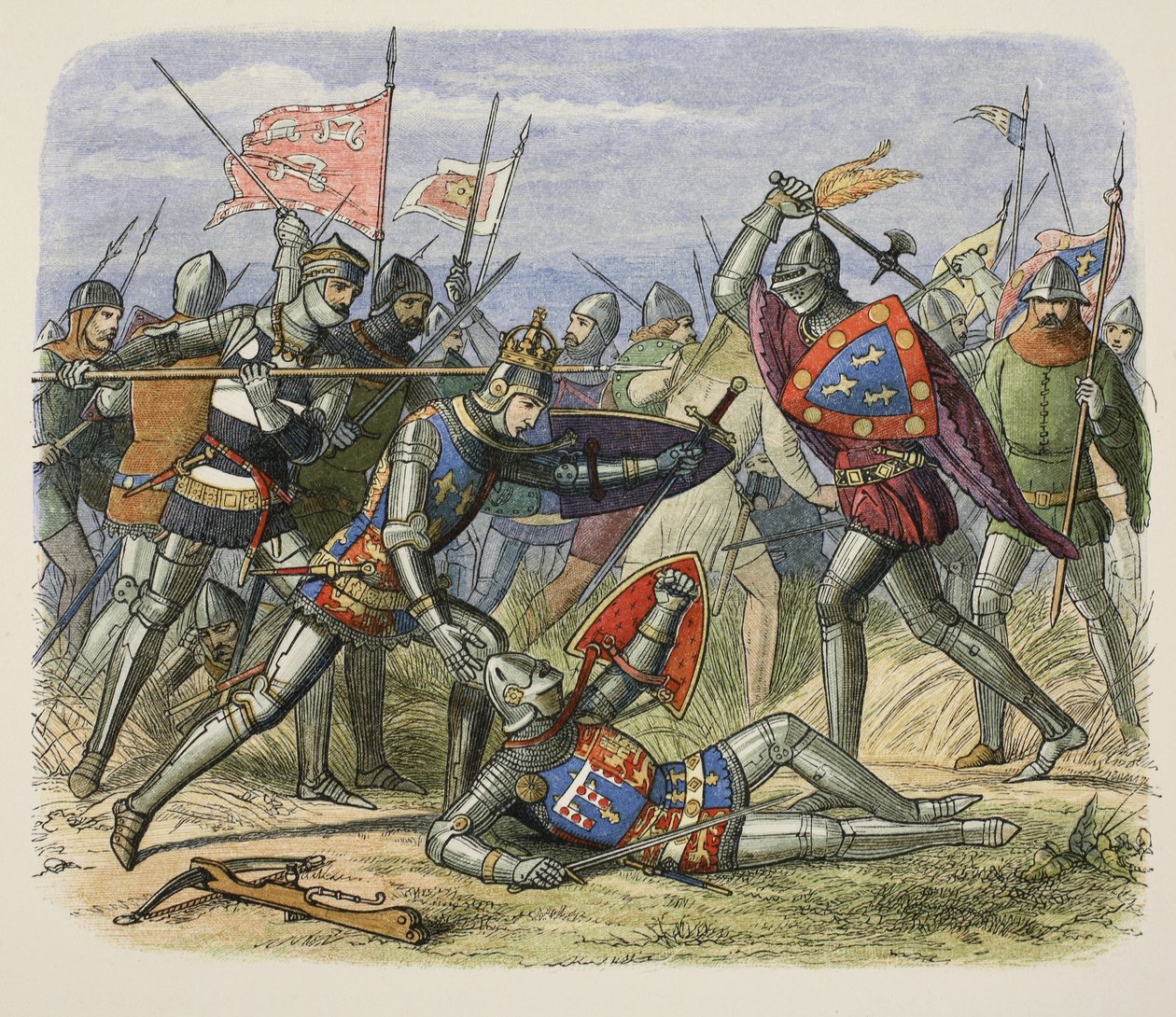Henryk V zaatakowany przez księcia Alencon na polu bitwy, od A Chronicle of England BC 55 do AD 1485, wyd. Londyn autorstwa James William Edmund Doyle