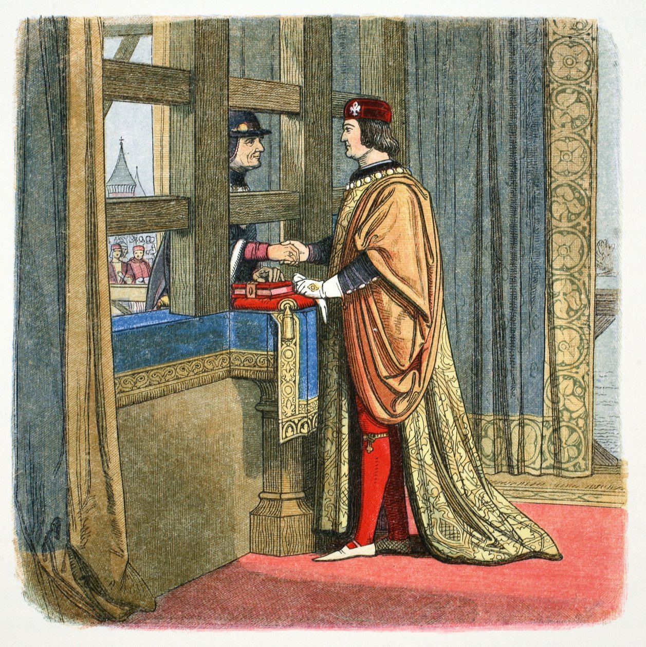 Spotkanie Edwarda IV z Anglii i Ludwika XI z Francji w Picquigny, Francja, 1475 1864 autorstwa James William Edmund Doyle