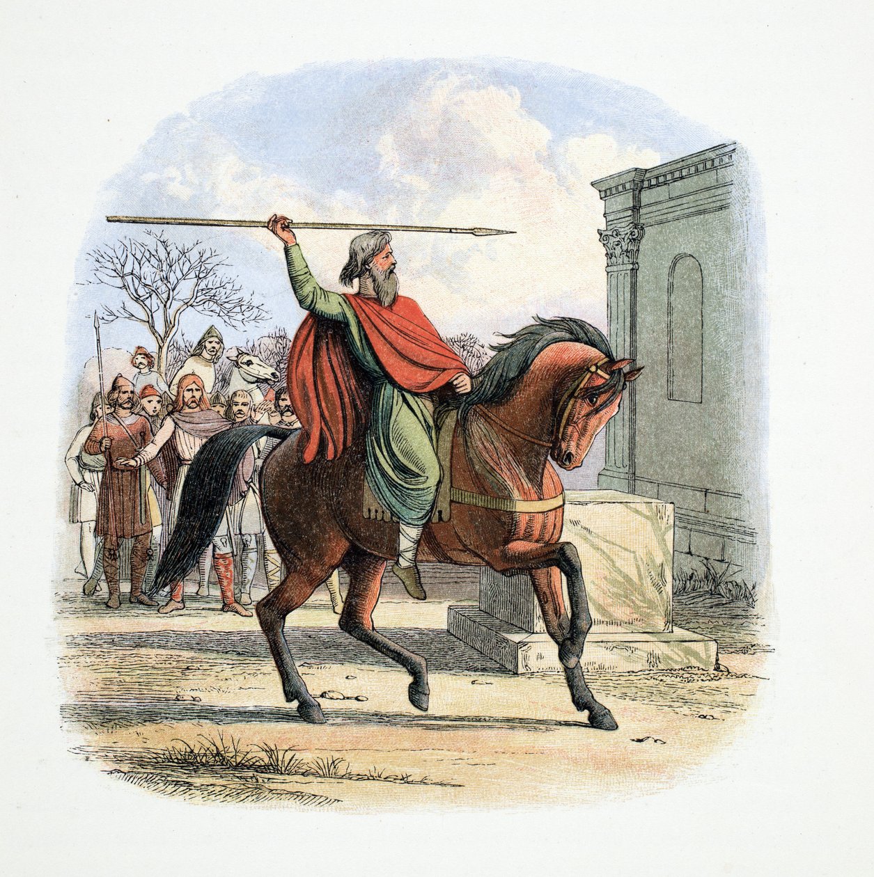 Arcykapłan, Coifi, profanuje Świątynię Bożków, 627 AD, od A Chronicle of England BC 55 do AD 1485, wyd. Londyn, 1863 r. autorstwa James William Edmund Doyle