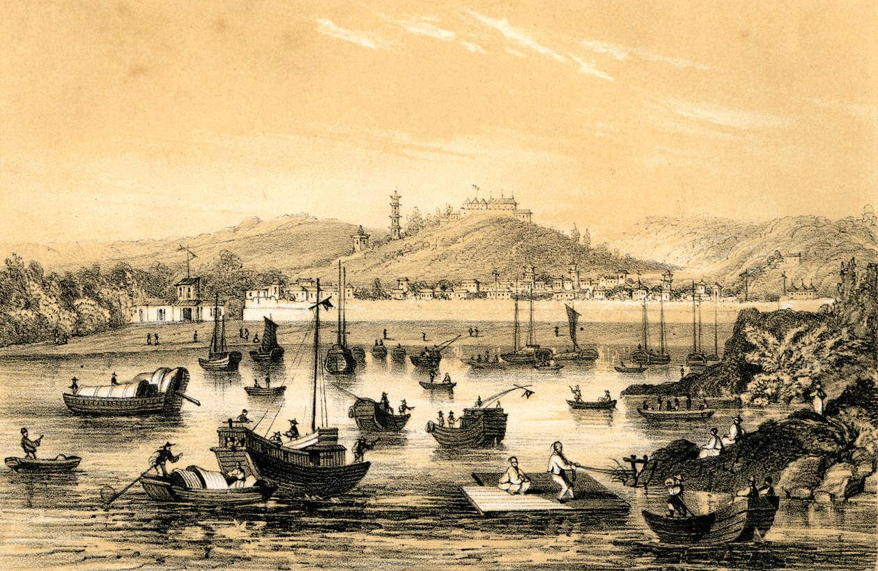 Ningbo, jeden z pięciu portów otwartych na mocy traktatu dla handlu brytyjskiego, Chiny, 1847 r. autorstwa James William Giles