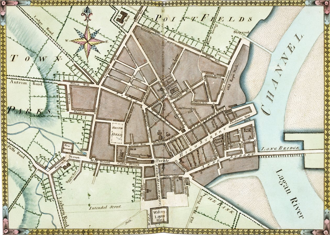 Dwustronicowy plan akwarelowy Belfastu, ok. 1795 r. autorstwa James Williamson
