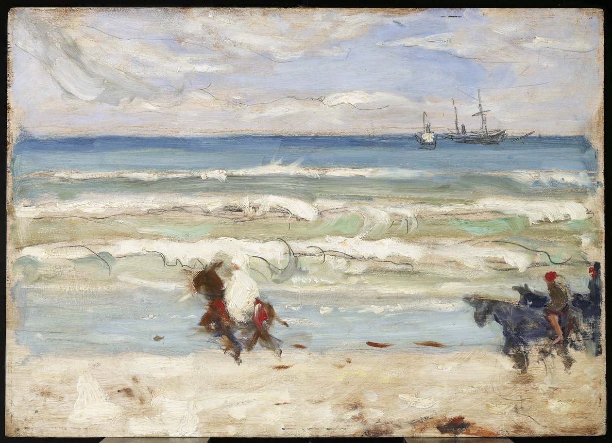 Scena na plaży, Tangier, ok. 1911 (olej i grafit na płycie) autorstwa James Wilson Morrice