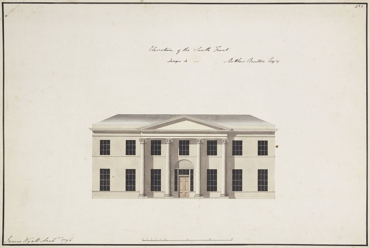 Soho House: plan parteru; Plan kondygnacji sypialni; Elewacja frontu południowego, projekt A, elewacja frontu południowego, projekt B i elewacja frontu północnego, 1796 autorstwa James Wyatt