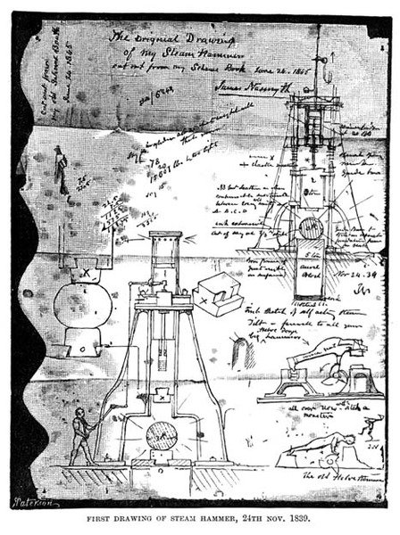 Pierwszy rysunek młota parowego, 24 listopada 1839, z wyrwanej strony ze szkicownika Nasmyths, rytowany przez R. Patersona autorstwa James after Nasmyth