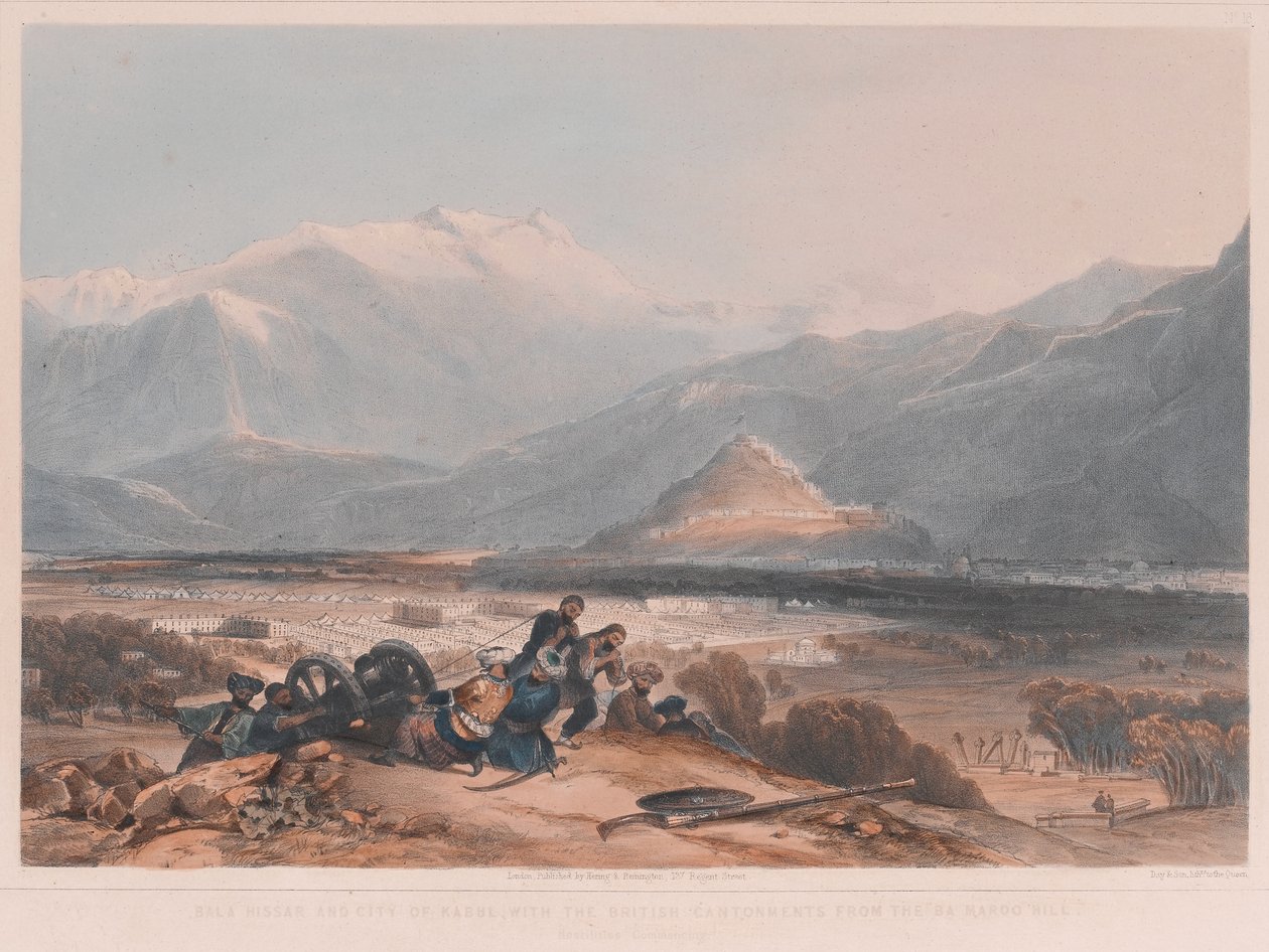 Widok na Bala Hissai i miasto Kabul z brytyjskimi kantonami ze wzgórza Ba Marco autorstwa James after Rattray