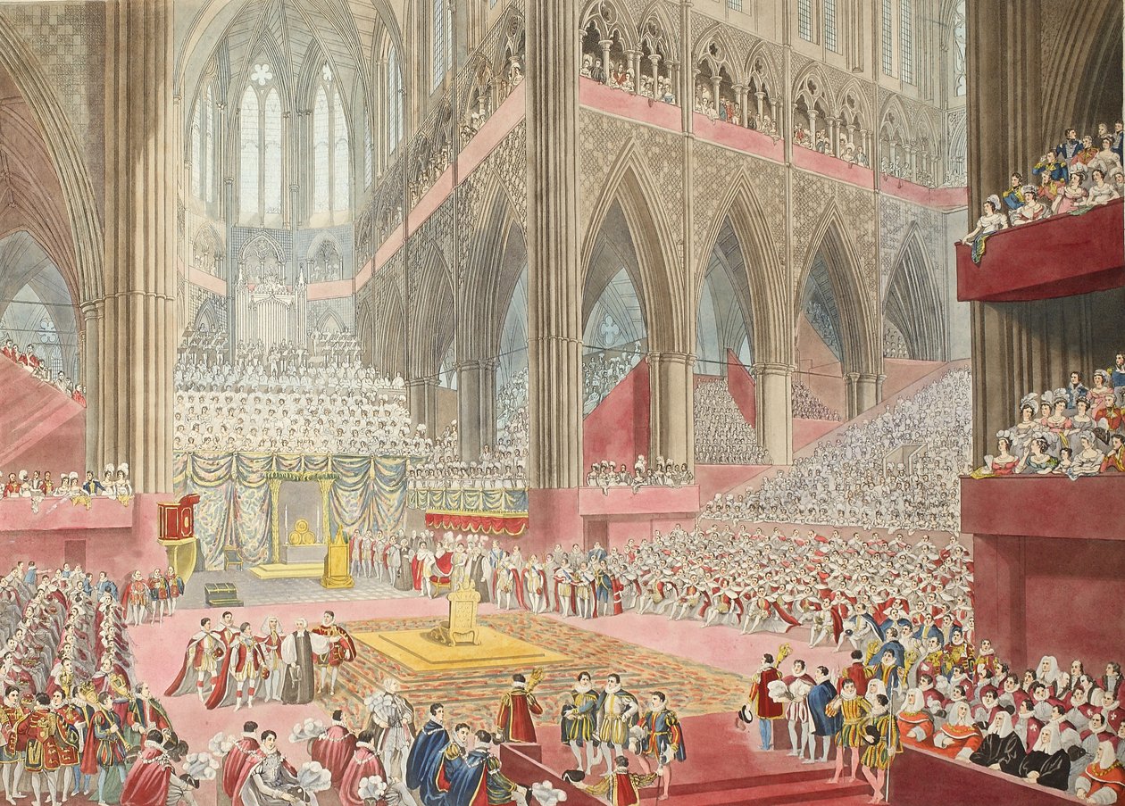 Koronacja Jego Królewskiej Mości, Jerzego Czwartego: Podjęta w czasie uznania, wyd. 1822 (ręcznie kolorowane grawerowanie) autorstwa James after Stephanoff