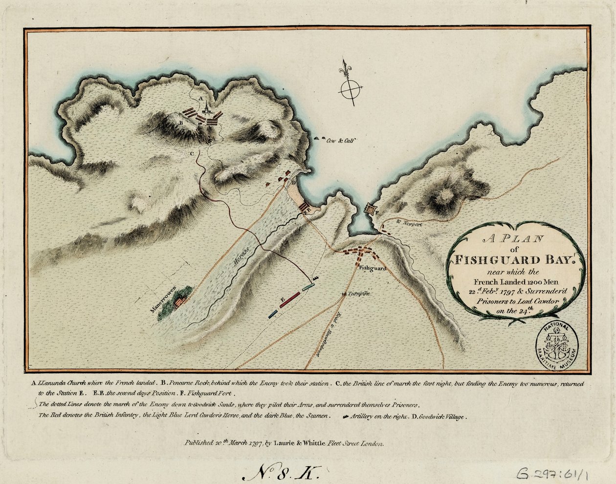 Plan zatoki Fishguard, w pobliżu której 22 lutego 1797 r. Francuzi wyładowali 1200 ludzi i 24 lutego przekazali jeńców lordowi Cawdorowi. autorstwa James and Laurie Robert (1755 1836) Whittle