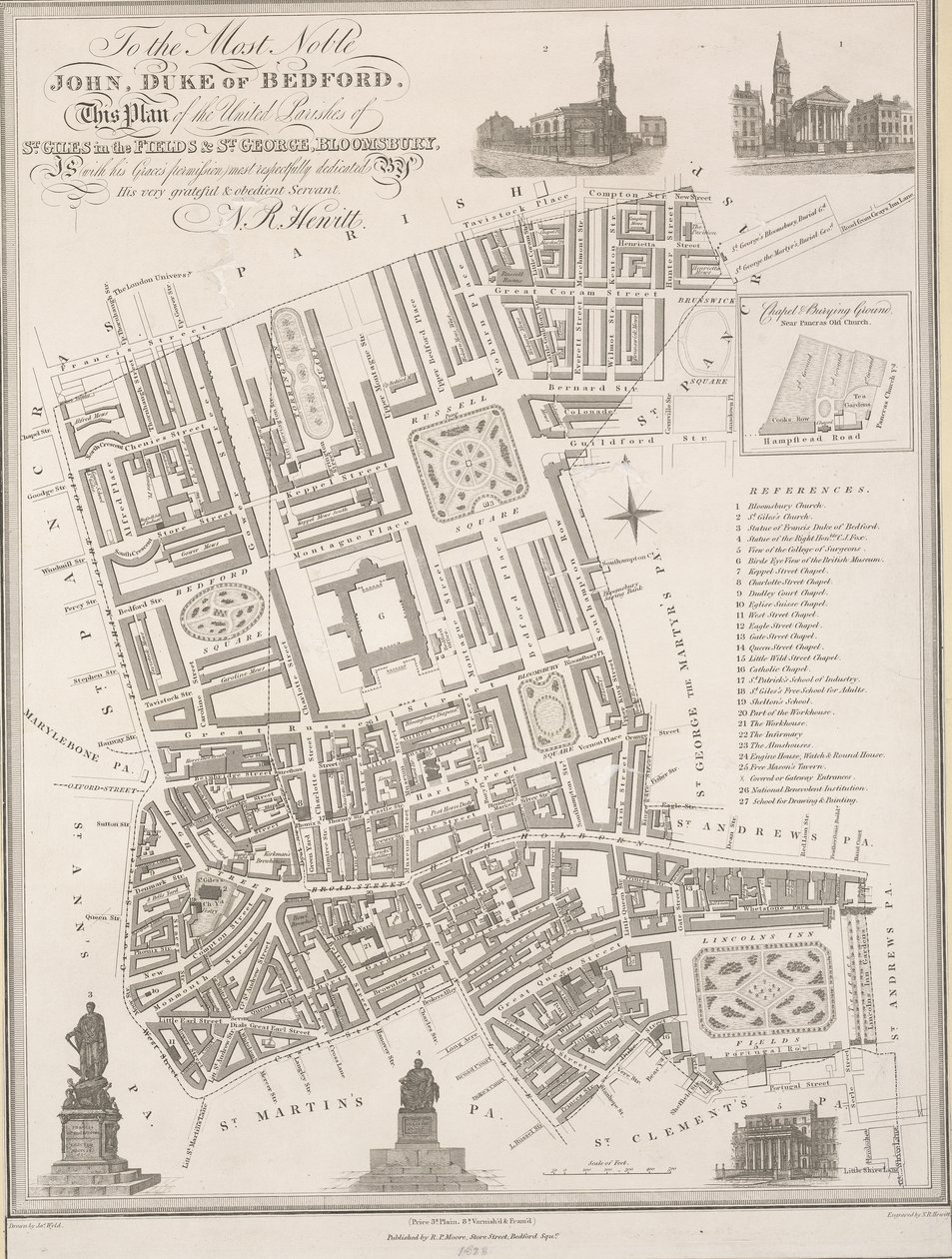 Do najszlachetniejszego Jana, księcia Bedford. Ten plan połączonych parafii St. Giles in the Fields i St. George, Bloomsbury autorstwa James the Elder Wyld