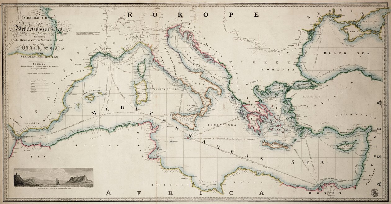 Ogólna mapa Morza Śródziemnego wraz z Zatoką Wenecką, Archipelagiem i częścią Morza Czarnego oraz szlakami żeglugowymi. autorstwa James the Younger Wyld