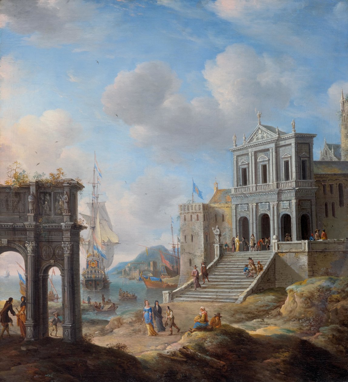 Capriccio z Łukiem Konstantyna i kościołem San Gregorio Magno al Celio obok portu autorstwa Jan Abrahamsz. Beerstraten