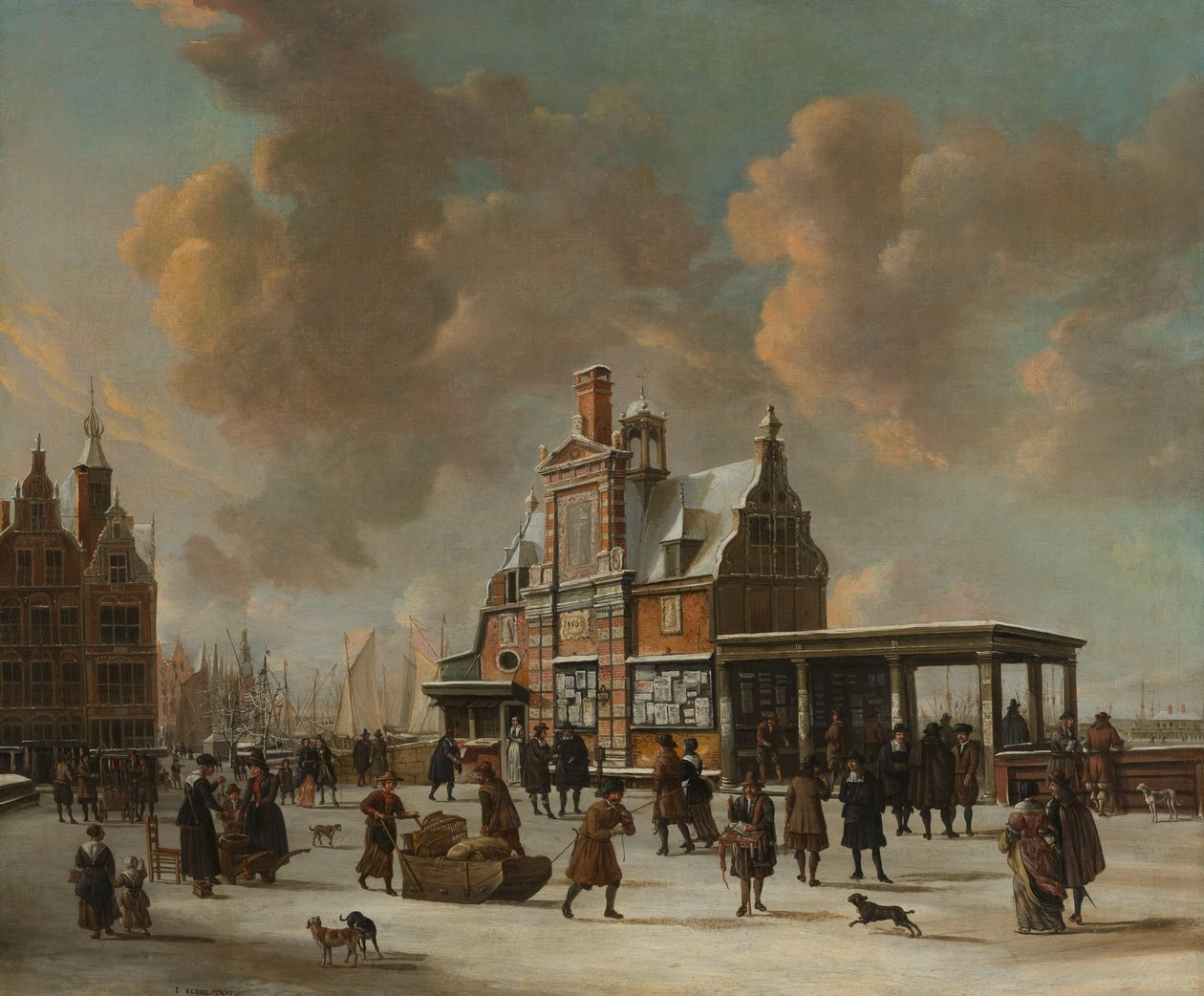 Paalhuis i Nieuwe Brug w Amsterdamie w okresie zimowym autorstwa Jan Abrahamsz. Beerstraten