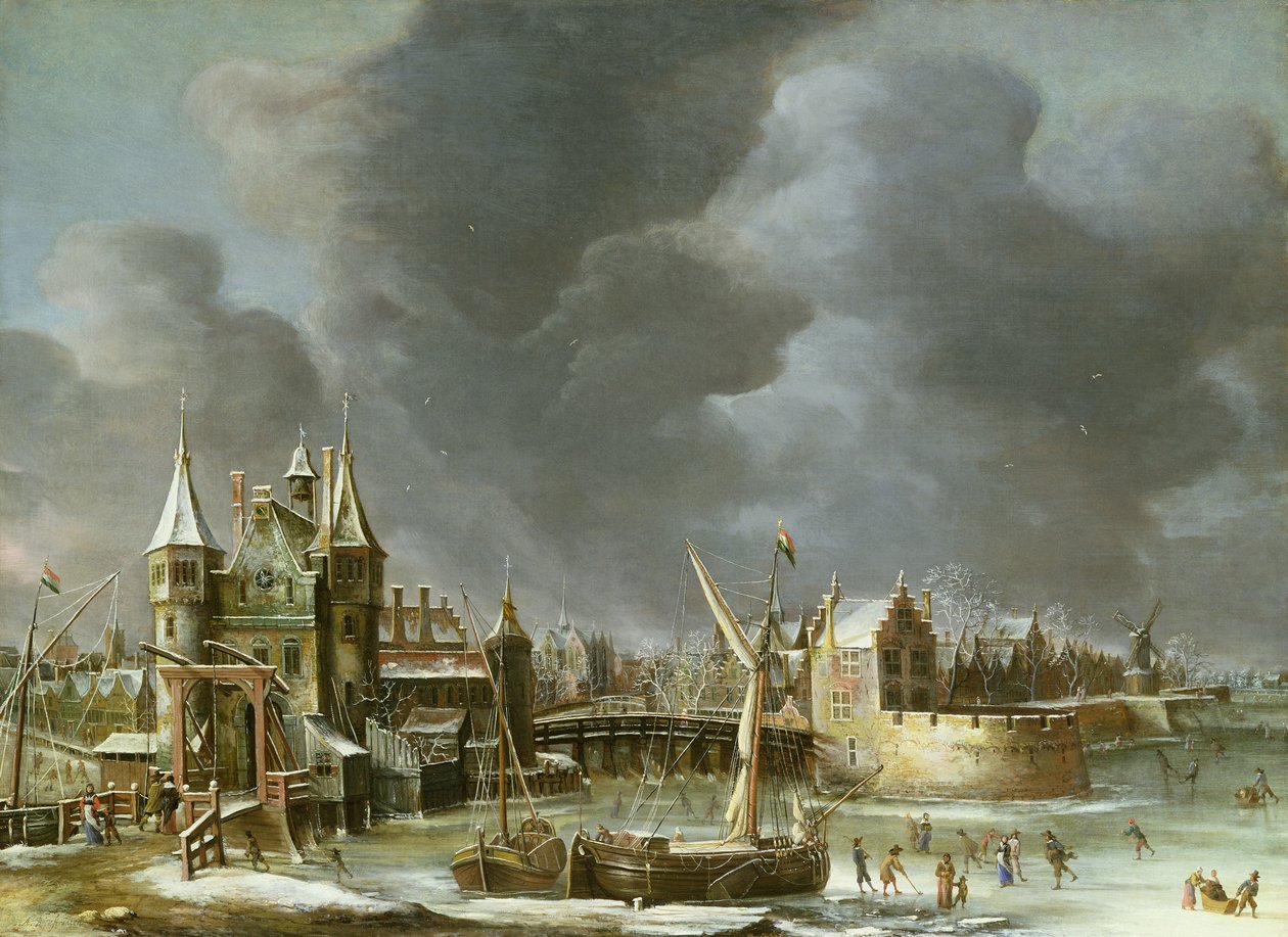 Widok na Regulierspoort w Amsterdamie zimą autorstwa Jan Abrahamsz. Beerstraten