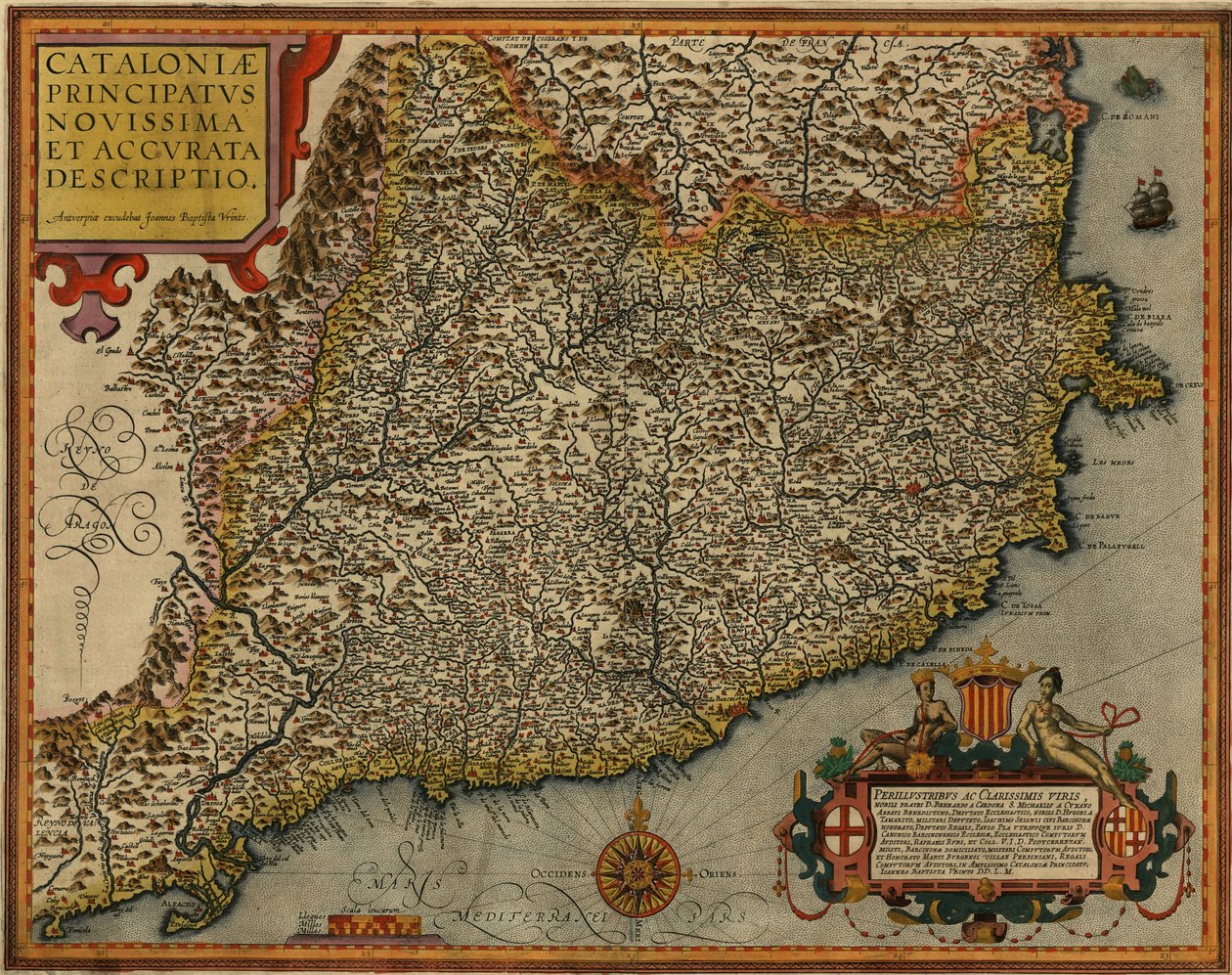 Mapa Katalonii zatytułowana Ostatni i dokładny opis Katalonii wydrukowany w Antwerpii w 1608 roku przez Jana Baptist Vrients autorstwa Jan Baptist Vrients