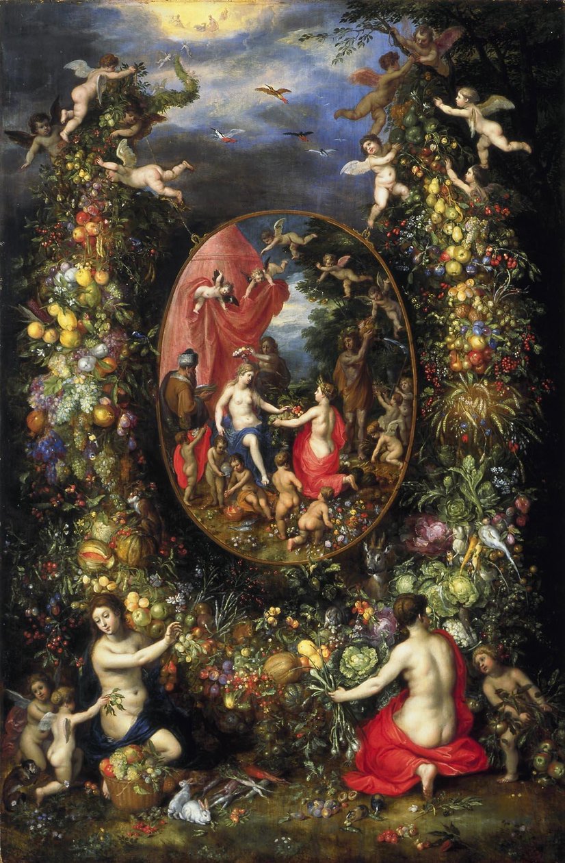Wianek z owoców i kwiatów wokół alegorii rolnictwa autorstwa Jan the Elder Brueghel