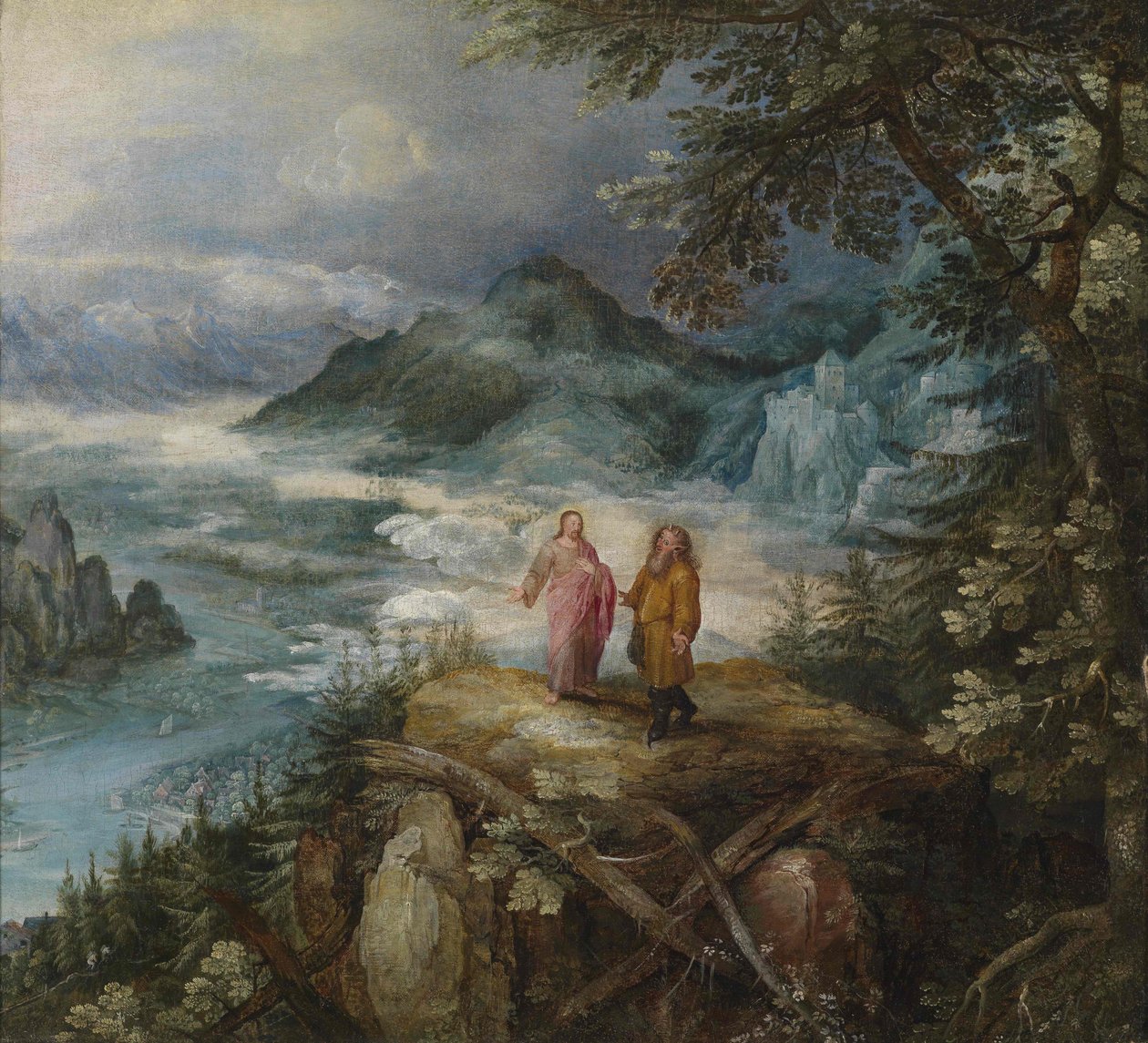 Szeroki górski krajobraz z kuszeniem Chrystusa autorstwa Jan the Elder Brueghel