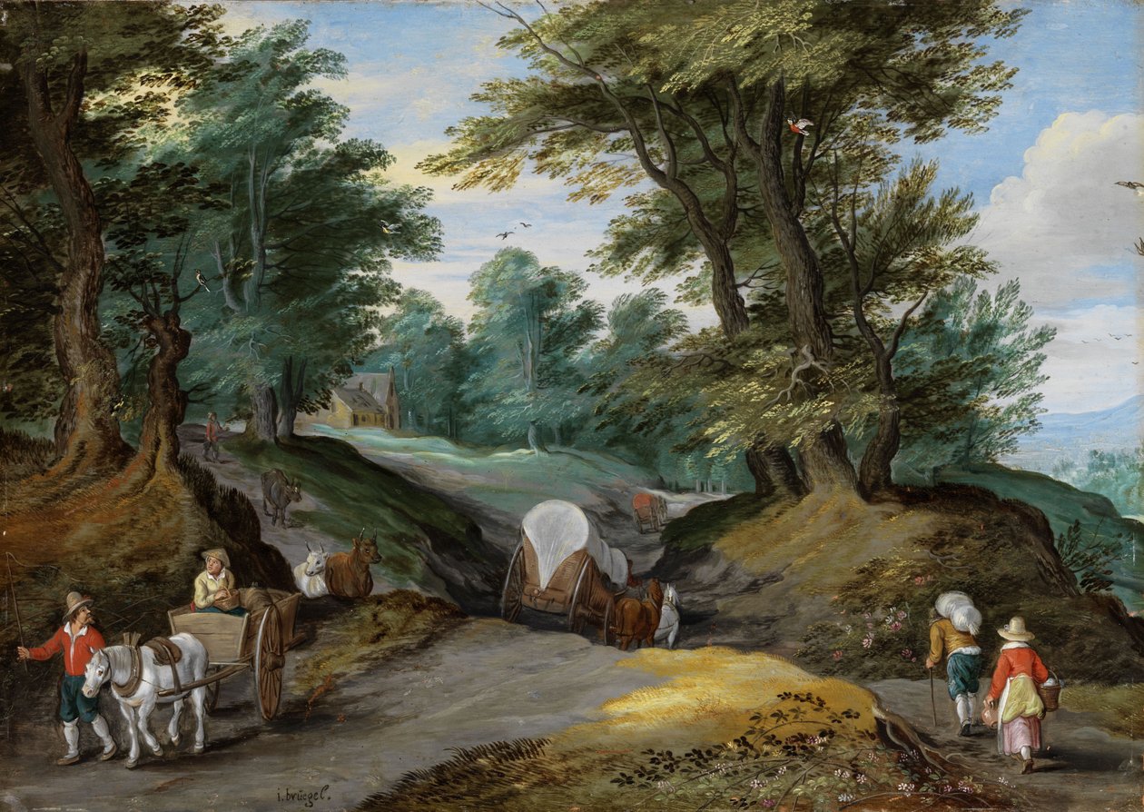 Zalesiony krajobraz z wozami konnymi i targiem przyciągającym rolników autorstwa Jan Brueghel the Younger