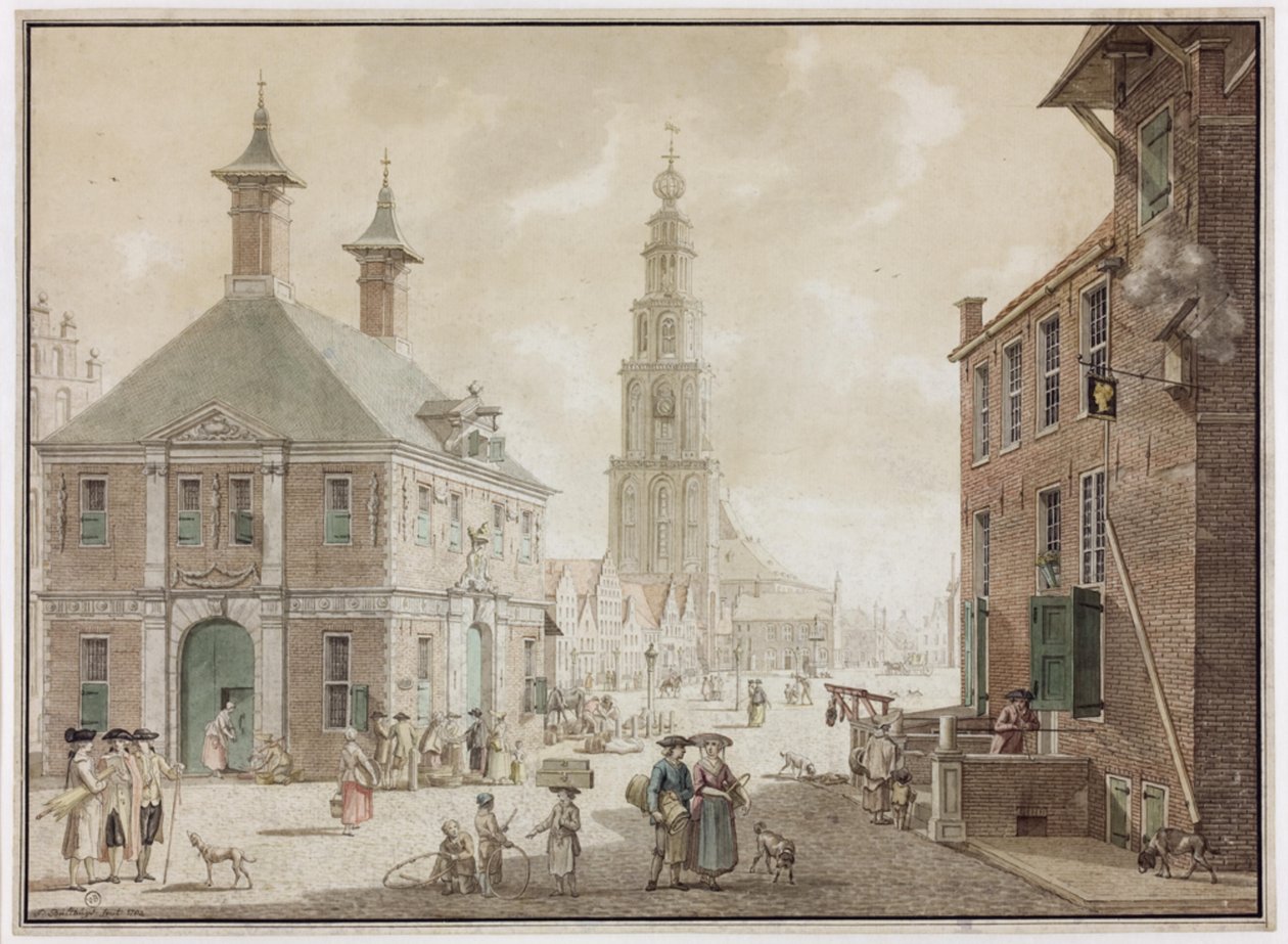 Grote Markt z wagą i zajazdem Het Gouden Hoofd autorstwa Jan Bulthuis
