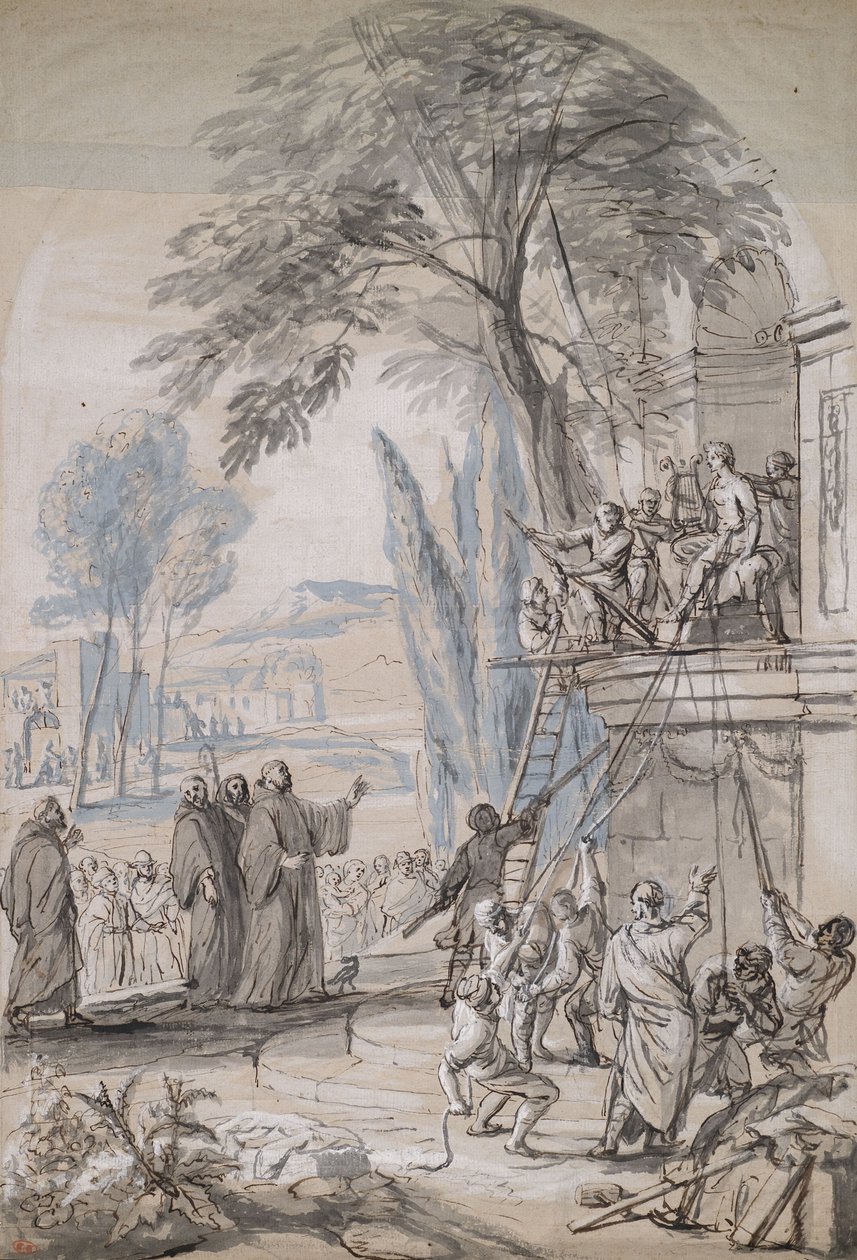 Montaż posągu we wnęce budynku autorstwa Jan Erasmus Quellinus