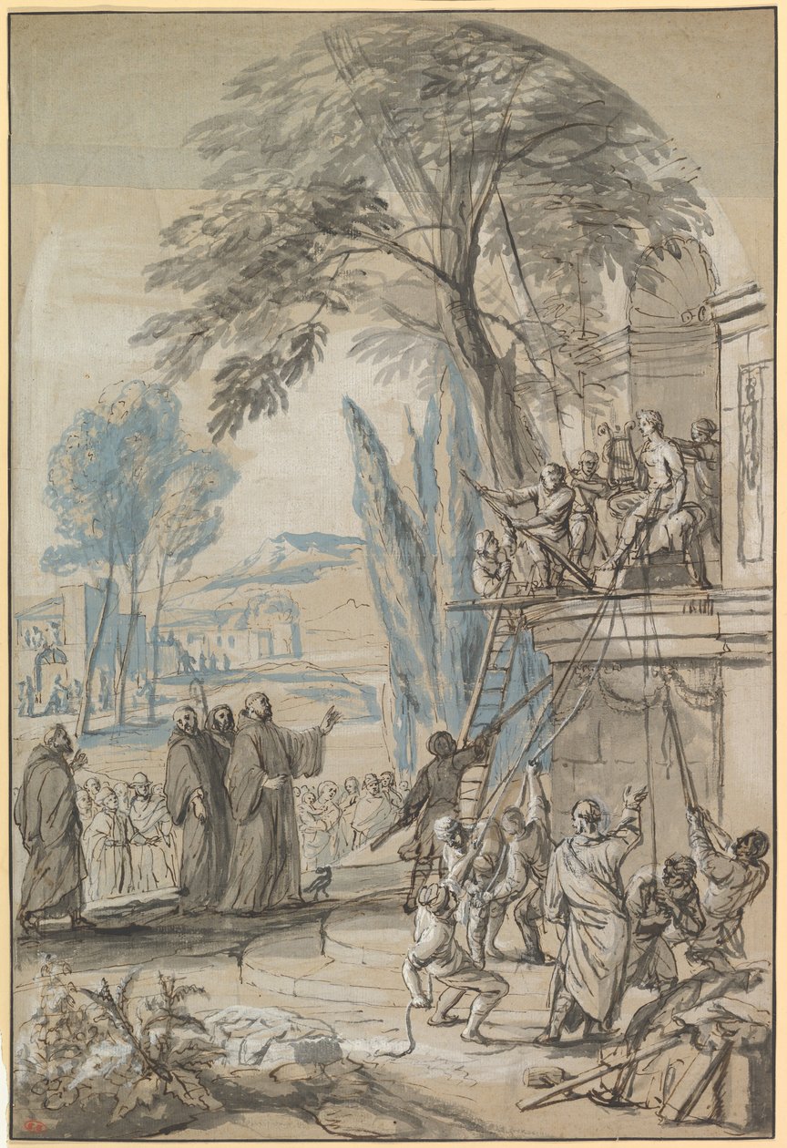 Benedykt z Nursji nakazuje zburzenie świątyni Apollina na Monte Cassino autorstwa Jan Erasmus Quellinus
