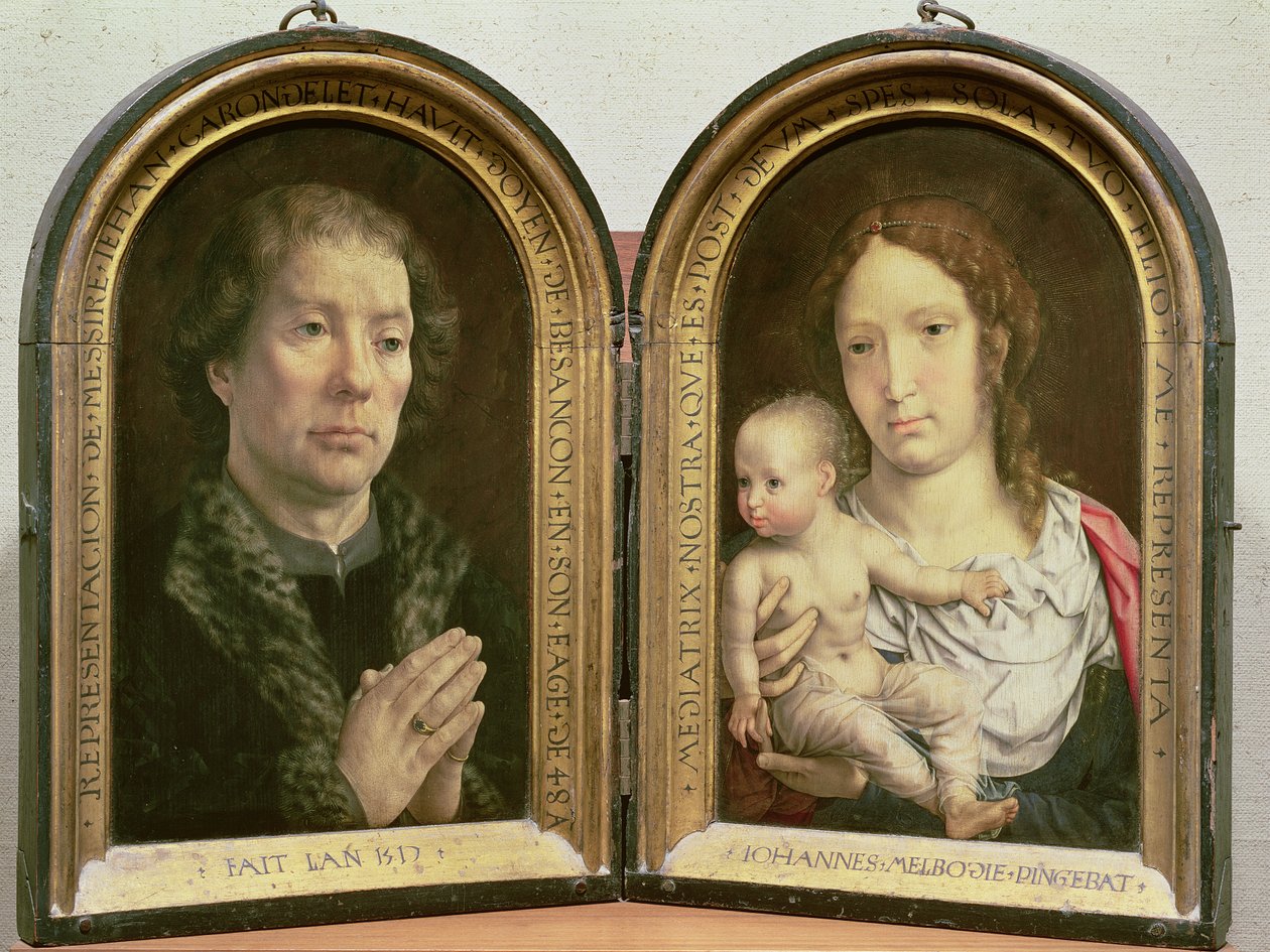 Dyptyk Carondelet; (Ltor) Portret Jeana Carondeleta (1469-1545) Dziekana kościoła Besancon i radnego Karola V; Madonna z Dzieciątkiem, 1517 (patrz także 210362 i 210363) autorstwa Jan Gossaert