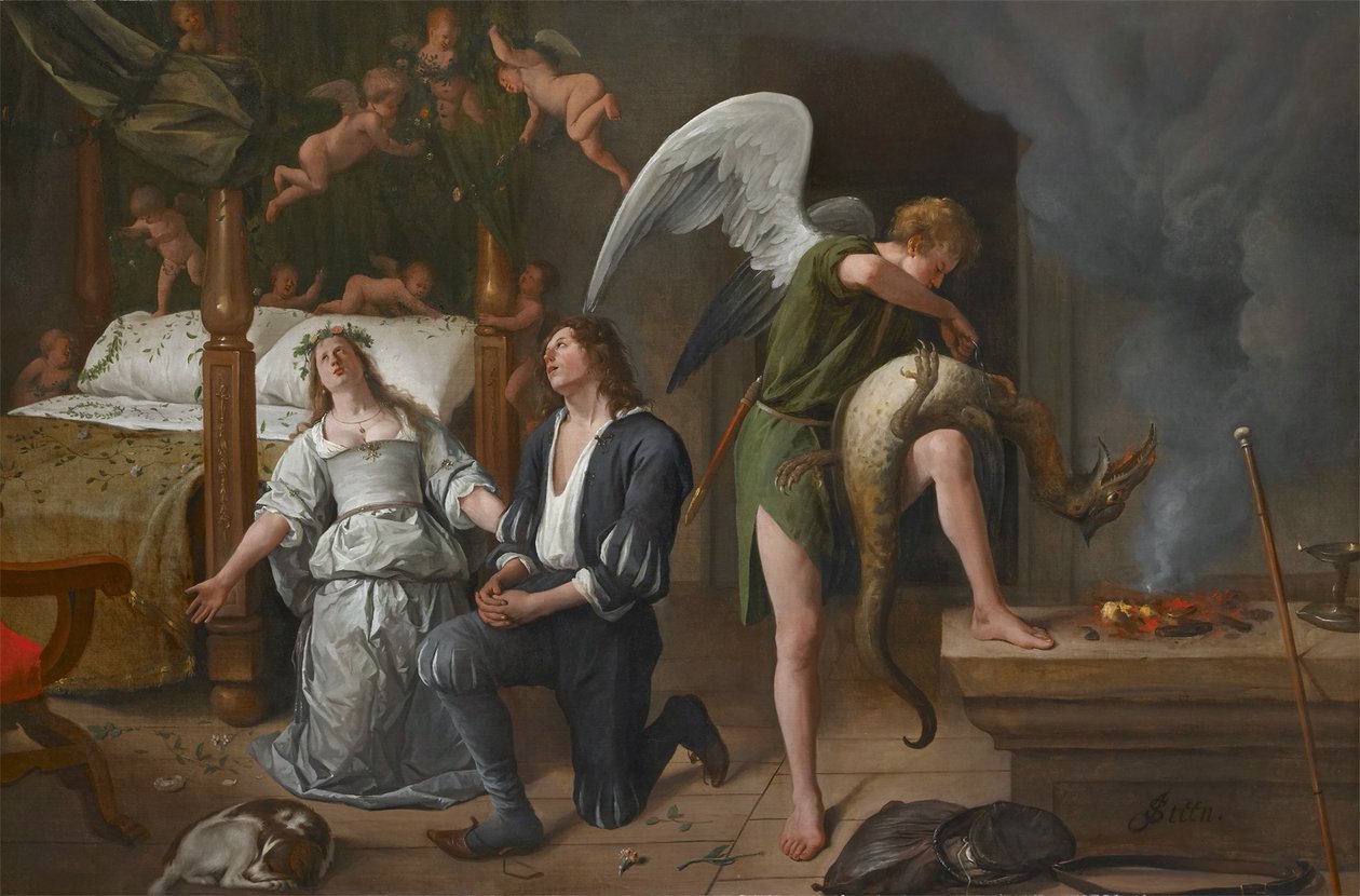 Tobiasz i Sara modlą się, podczas gdy Rafael więzi demona. autorstwa Jan Havickszoon Steen