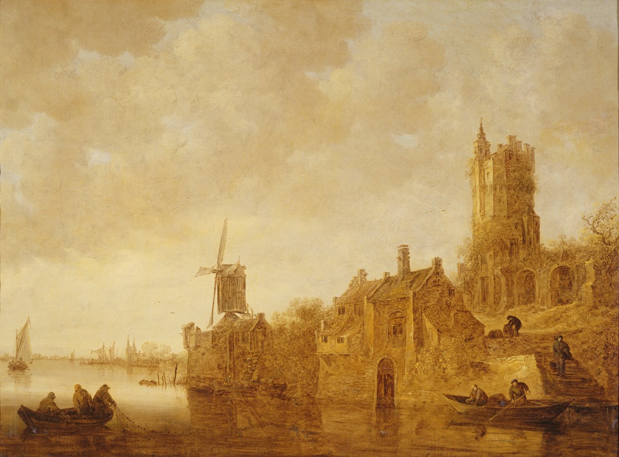 Krajobraz rzeki z wiatrakiem i ruinami zamku, 1644 autorstwa Jan Josephsz van Goyen