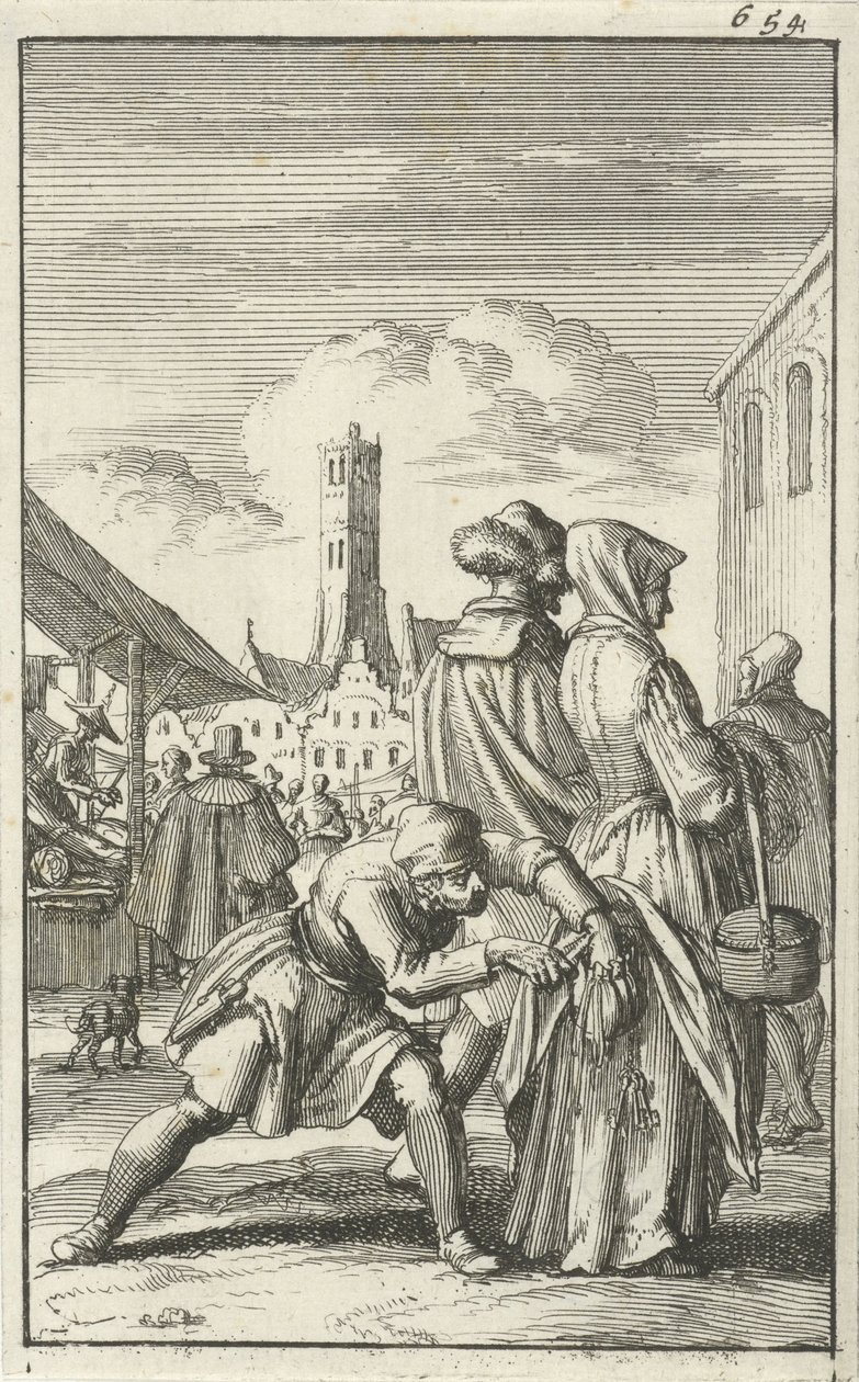 Kobieta na targu zostaje okradziona z torebki, 1685 autorstwa Jan Luyken