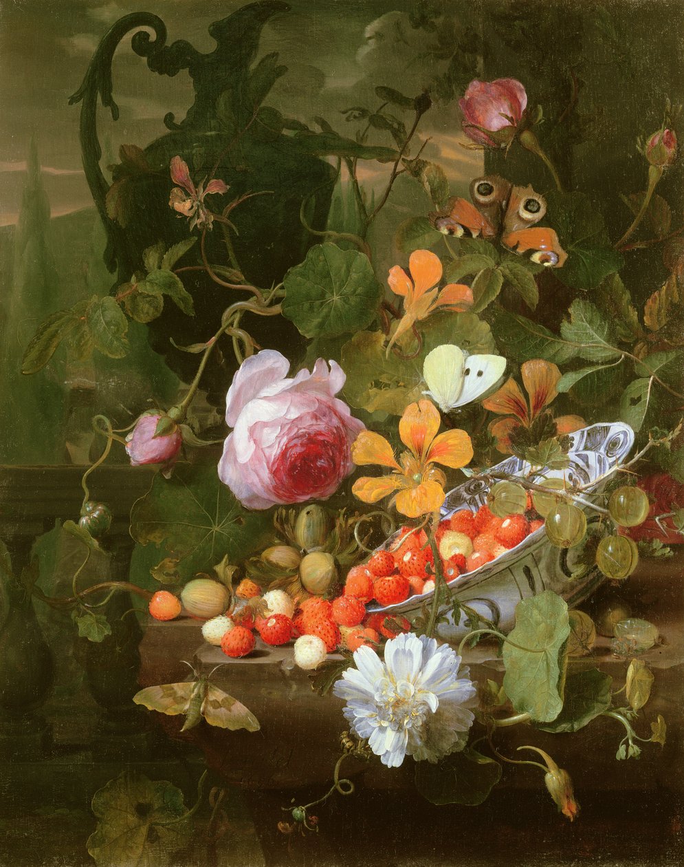 Martwa natura z truskawkami w misce i kwiatami, 1696 autorstwa Jan Mortel