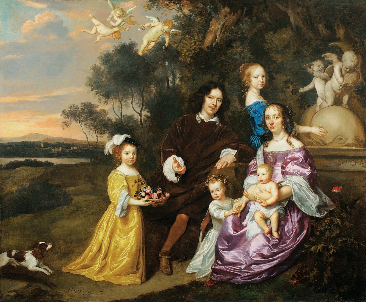 Portret grupy rodzinnej przy ozdobnej fontannie w pastoralnym pejzażu, 1663 autorstwa Jan Mytens or Mijtens
