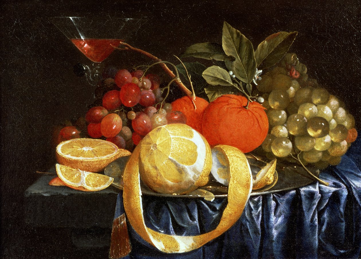 Martwa natura z winogron, pomarańczy i obranej cytryny (olej) autorstwa Jan Pauwel the elder Gillemans