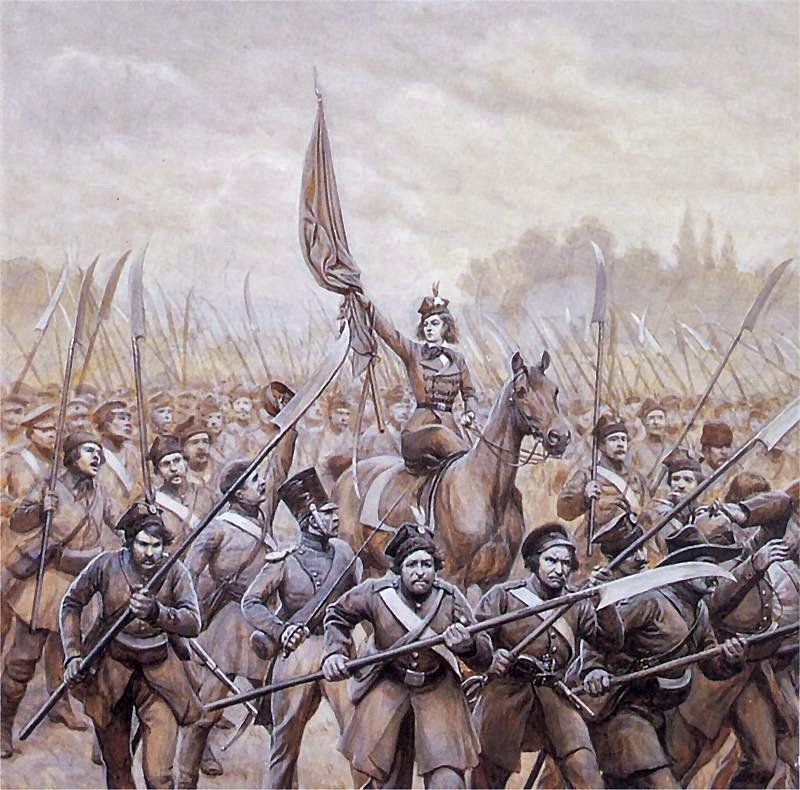 .nEnglish: Emilia Plater conducting Polish scythemen.nPolski: Emilia Plater na czele oddziau kosynierow.n autorstwa Jan Rosen