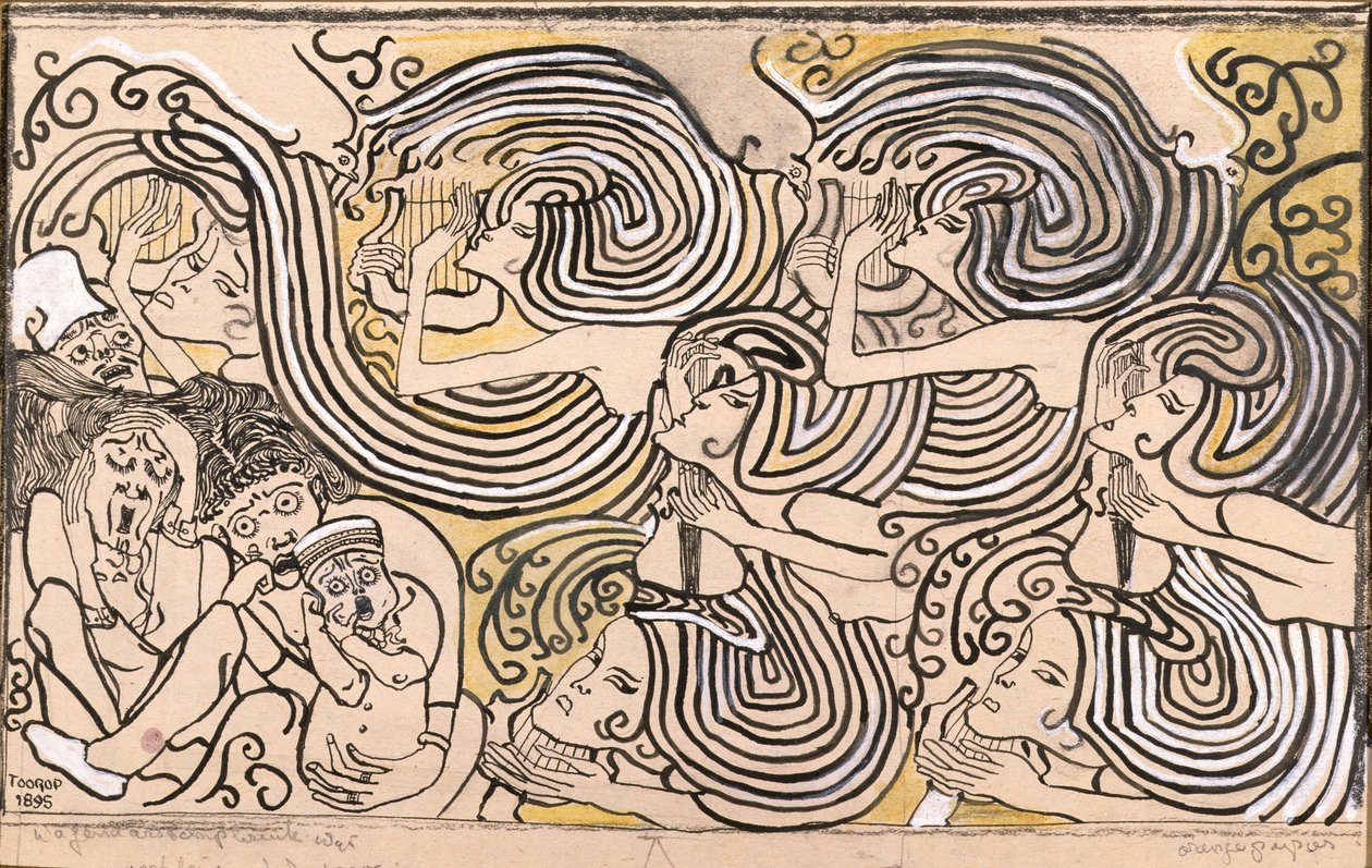 Rozbicie statku, 1895 (tusz i kolorowa kreda na papierze) autorstwa Jan Toorop