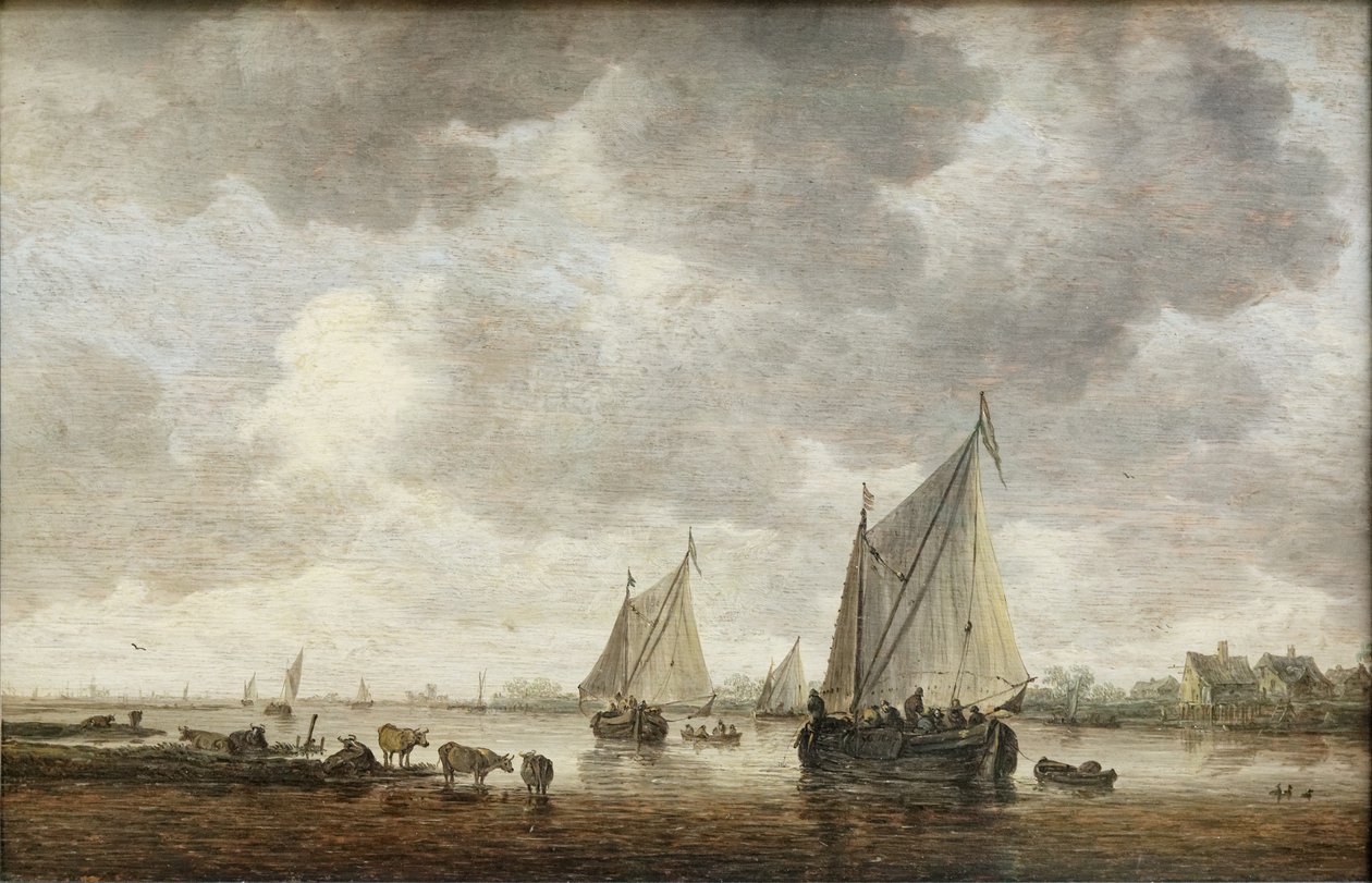 Dwie duże żaglówki na rzece i bydło przy brzegu autorstwa Jan Josephsz van Goyen