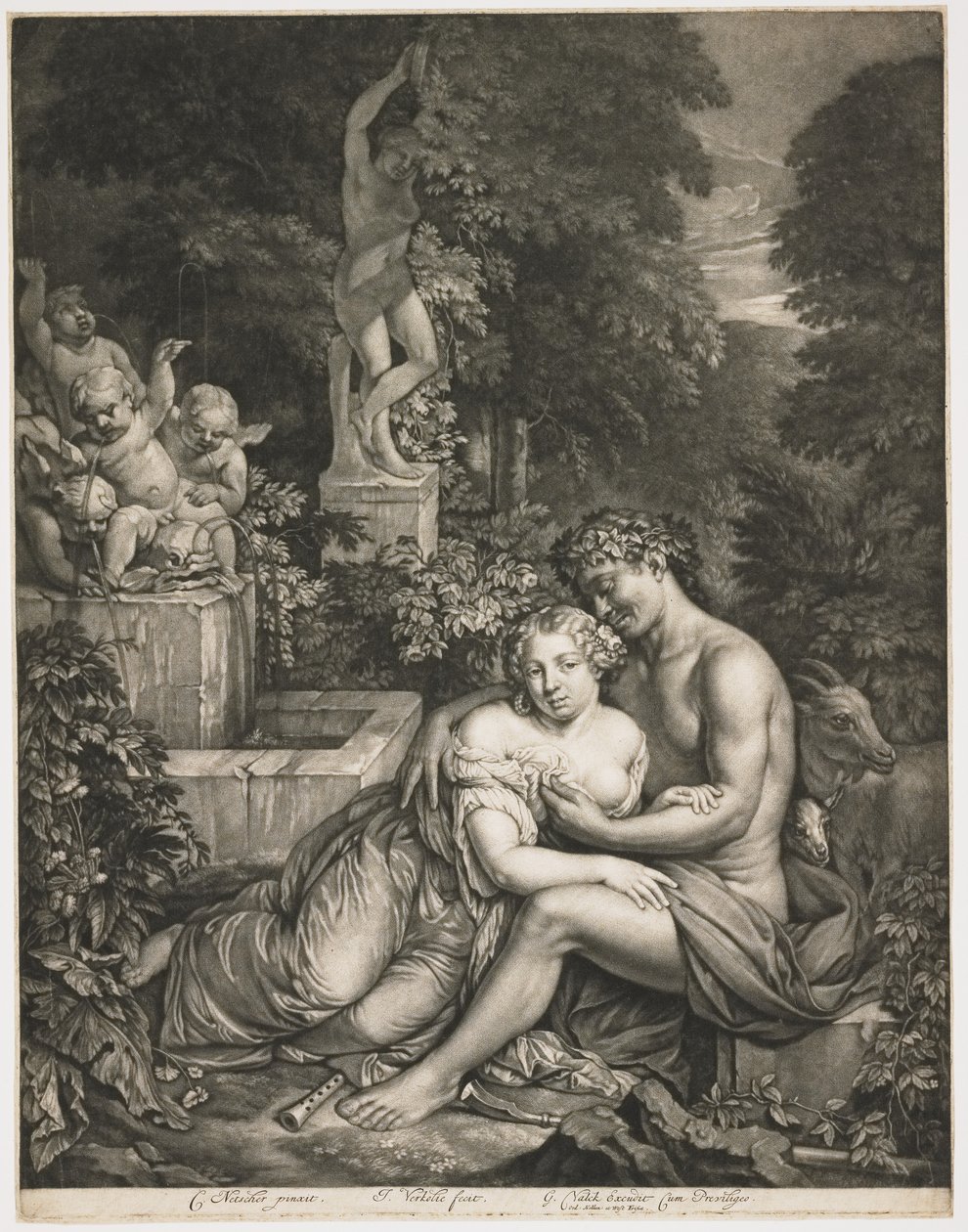 Pan i Pomona, c.1685 (mezzotinta) autorstwa Jan Verkolje