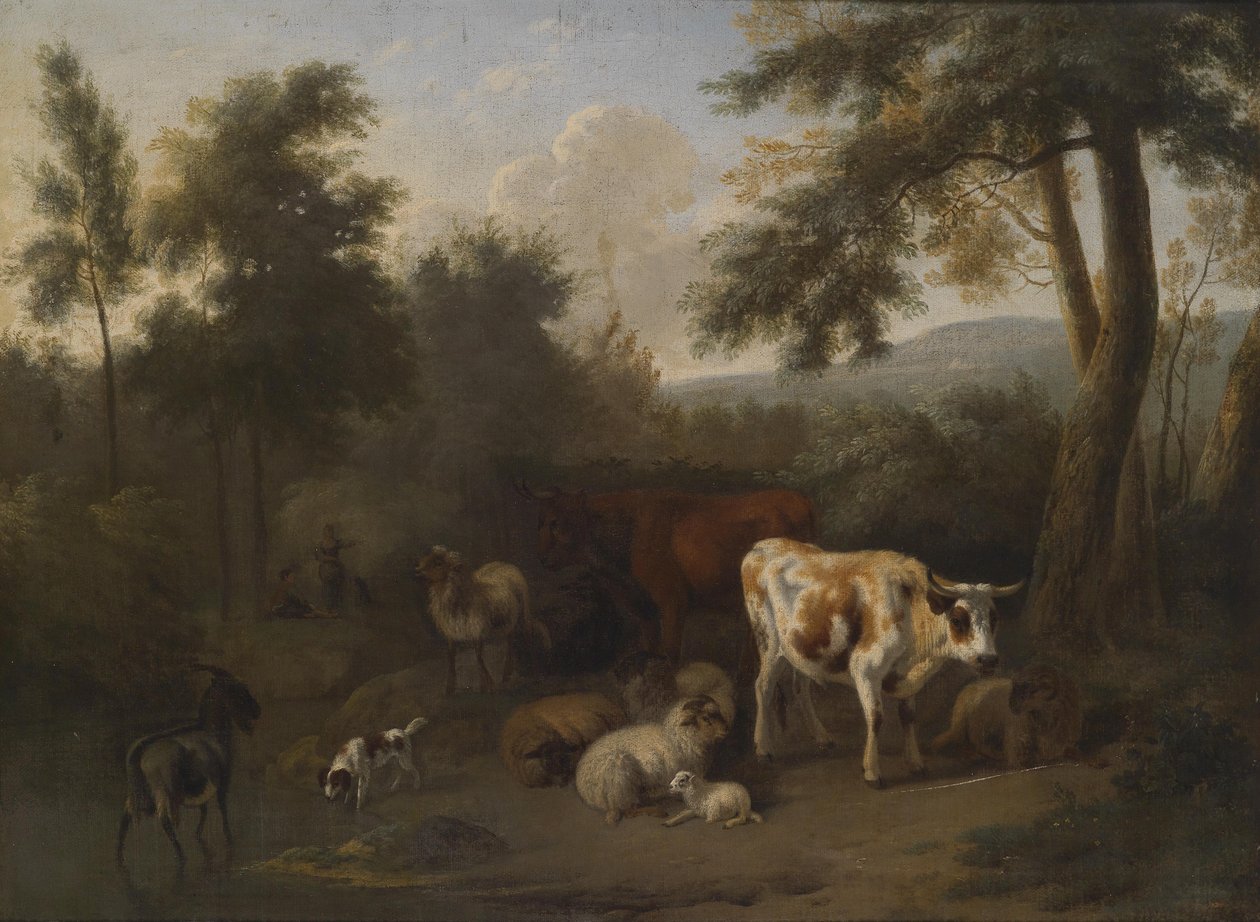 Zalesiony krajobraz z obozowym bydłem i pasterzami autorstwa Jan Vermeer van Haarlem