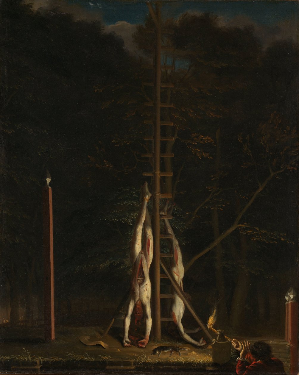 Zwłoki braci De Witt na Groene Zoodje w Lange Vijverberg w Hadze, 20 sierpnia 1672 autorstwa Jan de Baen