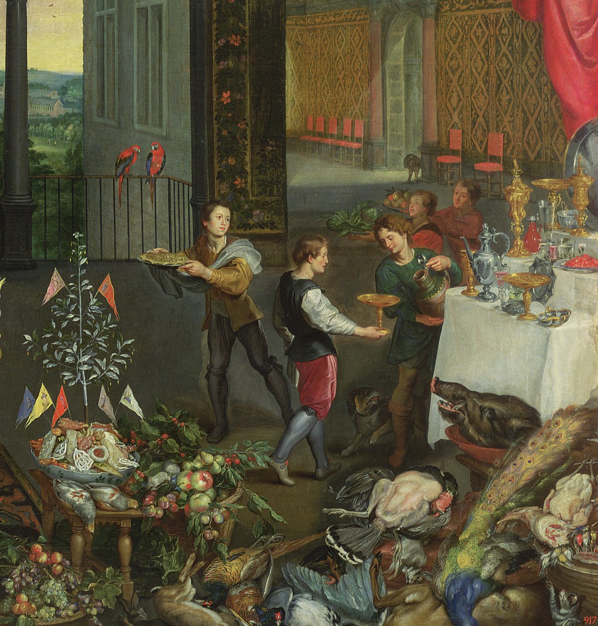 Alegoria smaku, detal przedstawiający serwitory wnoszące wino, 1618 (detal z 61052) autorstwa Jan the Elder Brueghel