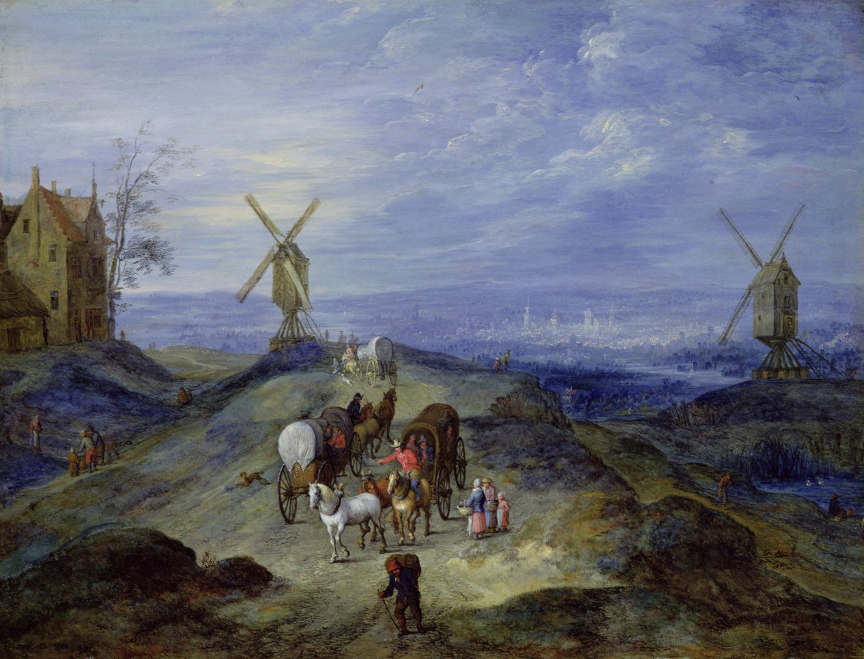 Krajobraz z dwoma wiatrakami, 1612 autorstwa Jan the Elder Brueghel